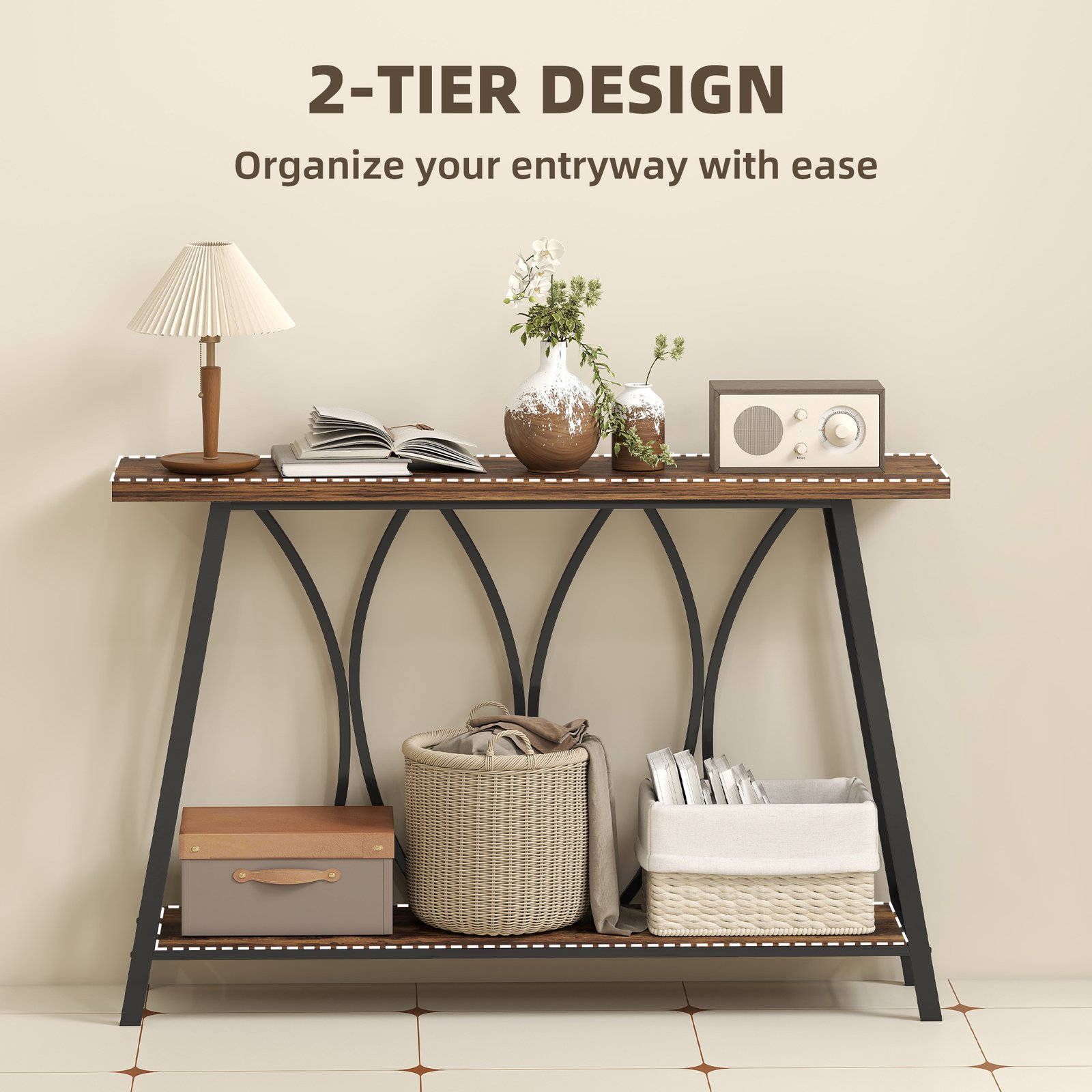 HOMCOM Narrow Console Table, Industrial 2-Tier Sofa Table with Metal Frame for Entryway, Living Room, 120x30x80cm, Rustic Brown - Image 4