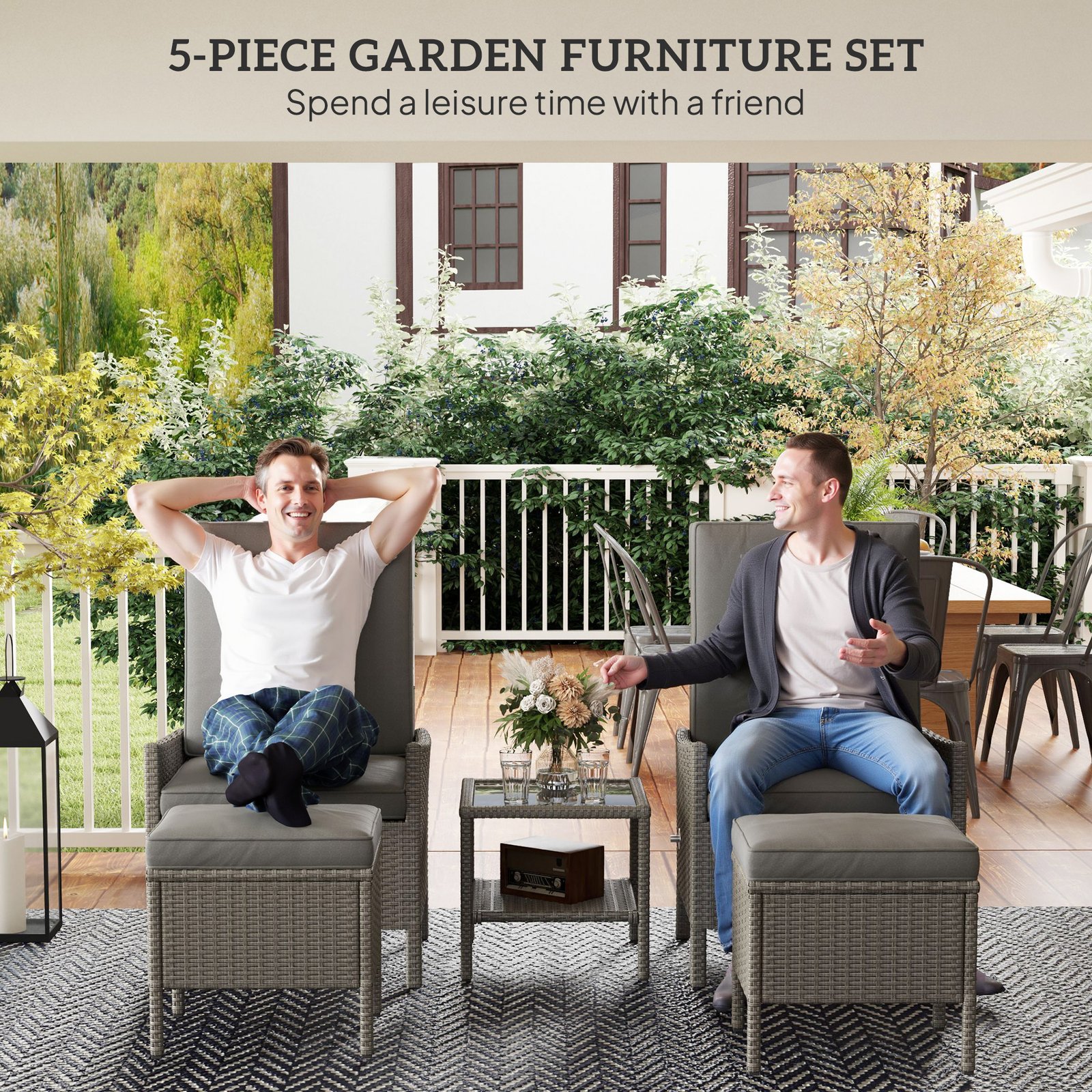 Outsunny 5 Piece Rattan Garden Furniture Set, Wicker Patio Sofa Set with 2 Armchairs, 2 Footstools, Glass Top Coffee Table with Shelf, Outdoor Furniture with Adjustable Backrests, Cushions, Dark Grey - Image 4