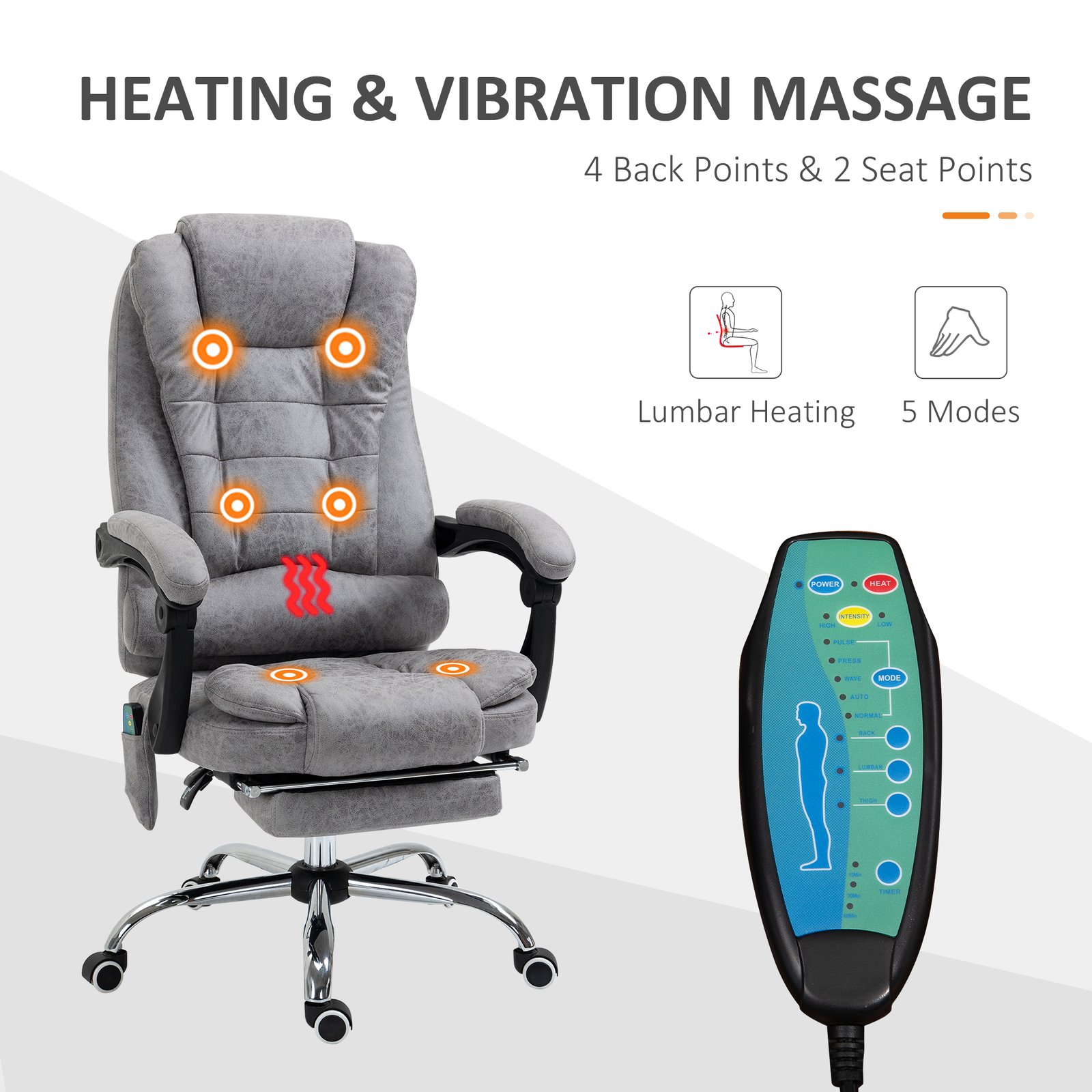 Vinsetto Heated 6 Points Vibration Massage Executive Office Chair Adjustable Swivel Ergonomic High Back Desk Chair Recliner with Footrest Grey - Image 4