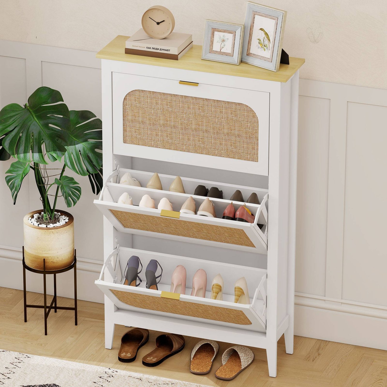 HOMCOM Narrow Shoe Cabinet, Boho Slim Shoe Storage Cabinet with 3 Flip Drawers, Holds 21 Pairs, White - Image 8