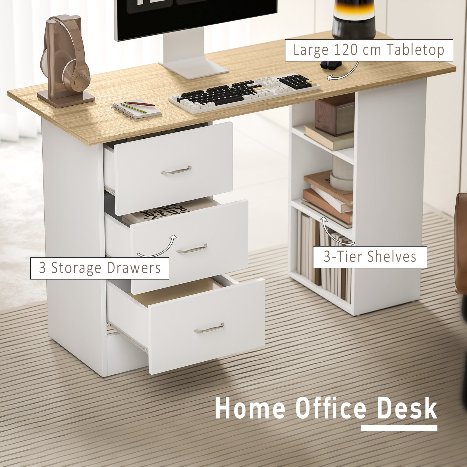 HOMCOM Computer Desk with Drawers, Home Office Desk, Writing Table, PC Workstation with 3 Storage Shelves for Working, Study, 120 x 49 x 72 cm, Natural Wood Finish and White - Image 4