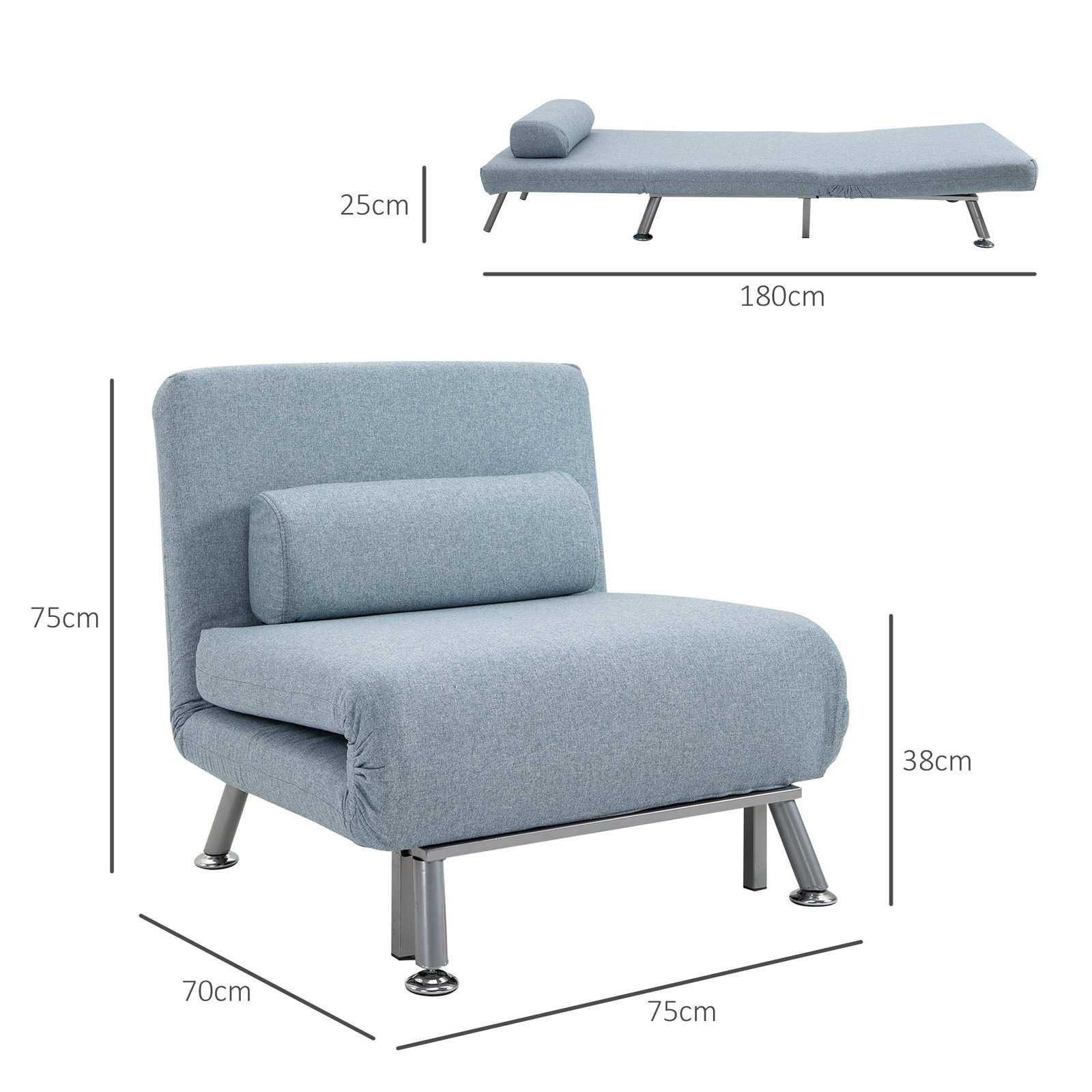 HOMCOM Single Sofa Chair Bed, Linen Fabric 3-in-1 Convertible Sleeper Chair with 5-Position Adjustable Backrest, 75cm Wide Seat, Pillow for Living Room, Bedroom, Sky Blue - Image 3