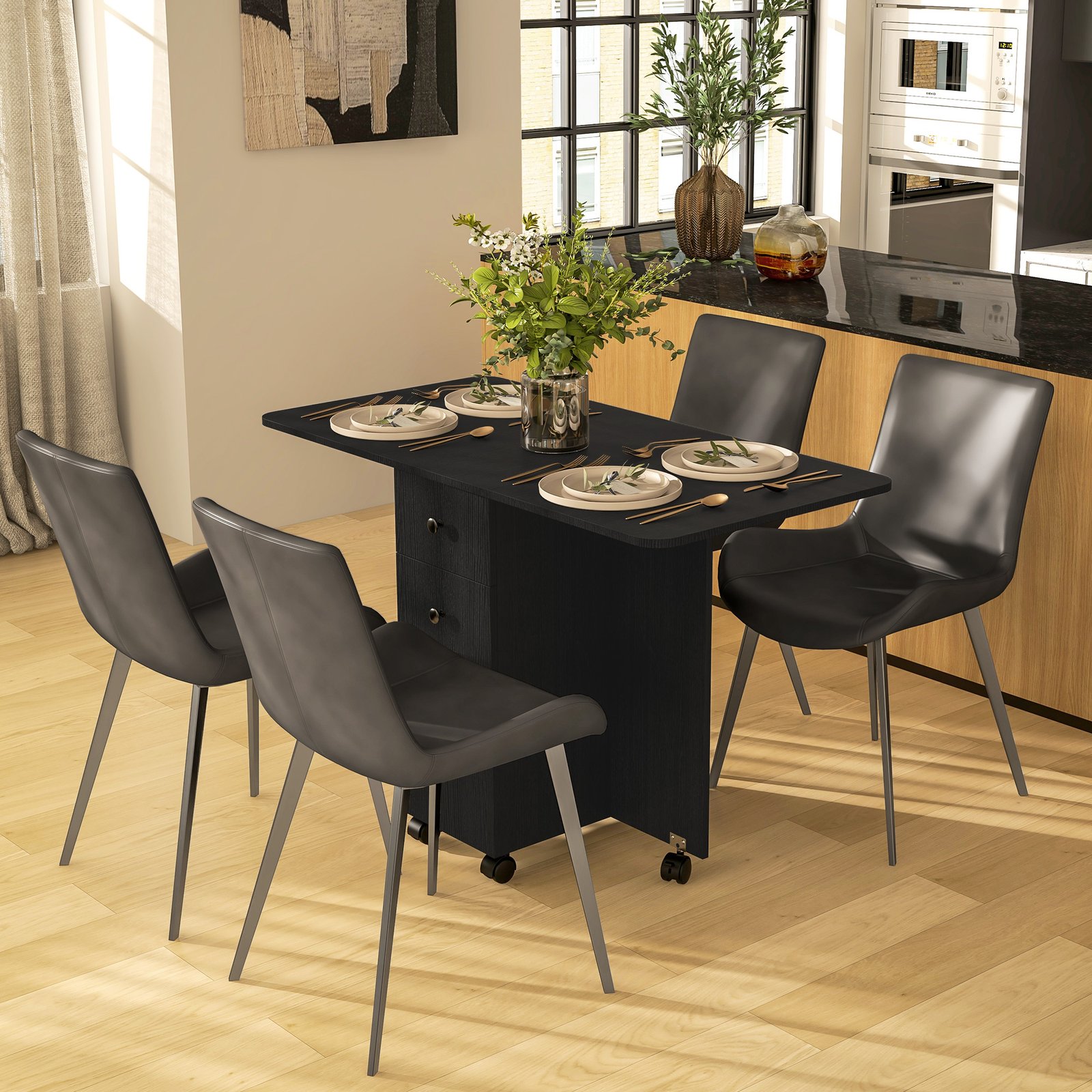 HOMCOM Multi-Storage Six-Person Drop Leaf Dining Table - Distressed Black - Image 2