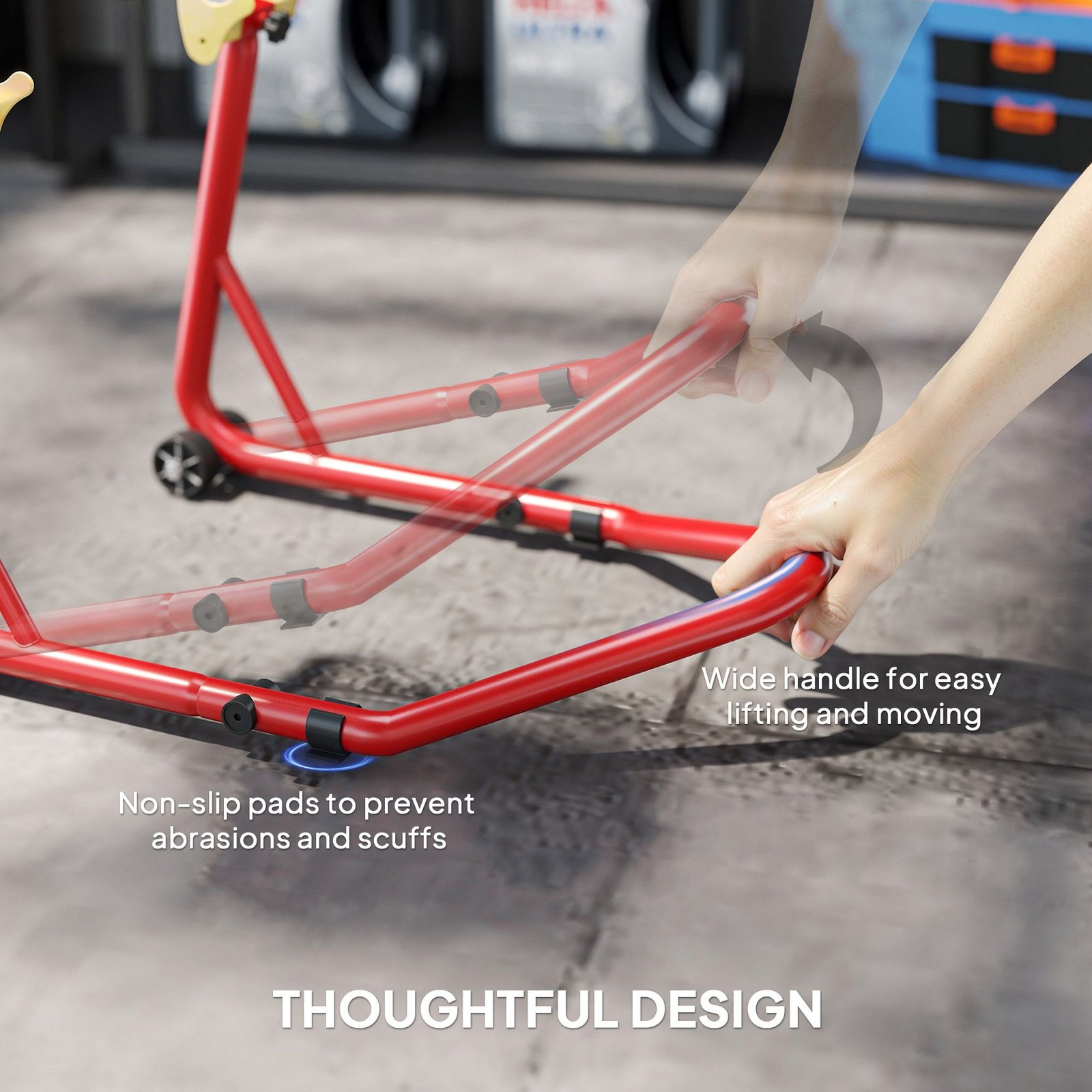 HOMCOM Motorcycle Rear Wheel Stand, 544 kg Capacity Heavy Duty Steel Motorbike Motorcycle Paddock Stand Lift with Adjustable U + L Forks, Wheels, Non-Slip Pads for Workshop Garage Repair, Red - Image 7