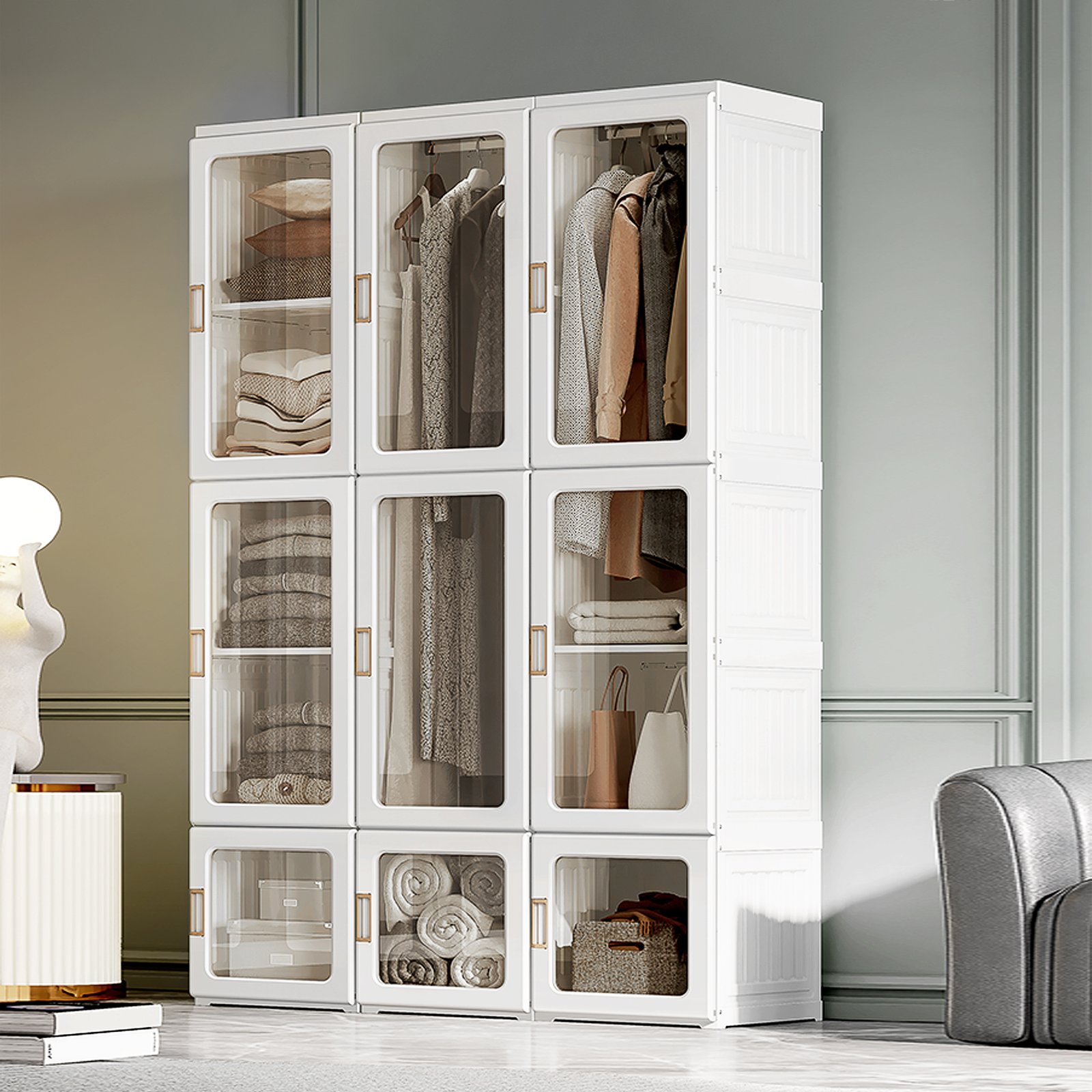 HOMCOM Portable Clothes Wardrobe for Bedroom, Foldable Clothes Organiser with Cube Storage, Hanging Rods, Magnet Doors, White - Image 2