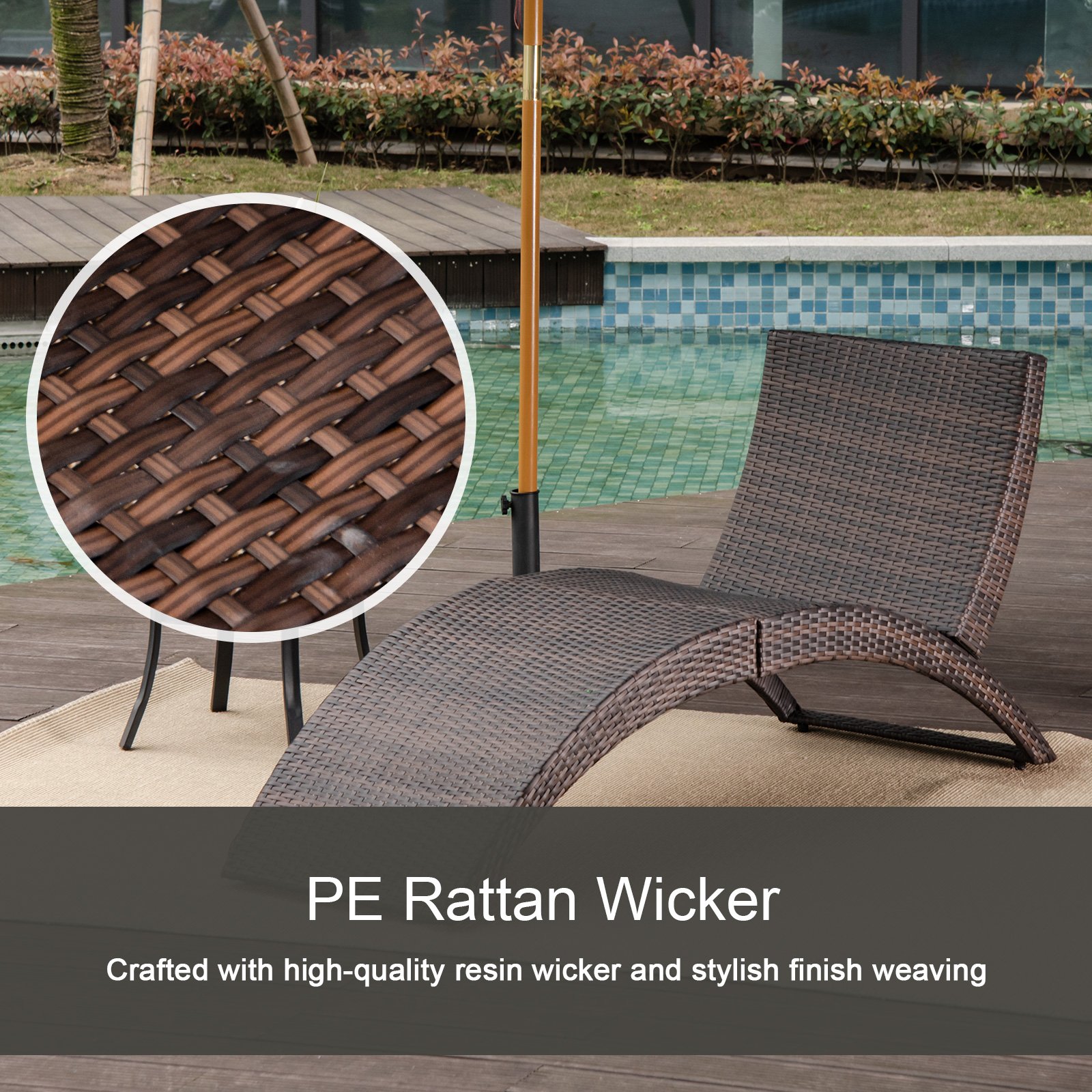Outsunny Folding Sun Lounger, PE Rattan Garden Lounger Chair with Soft Padded Cushion, Ergonomic Curved Design Sun Bed for Balcony, Garden, Brown - Image 4