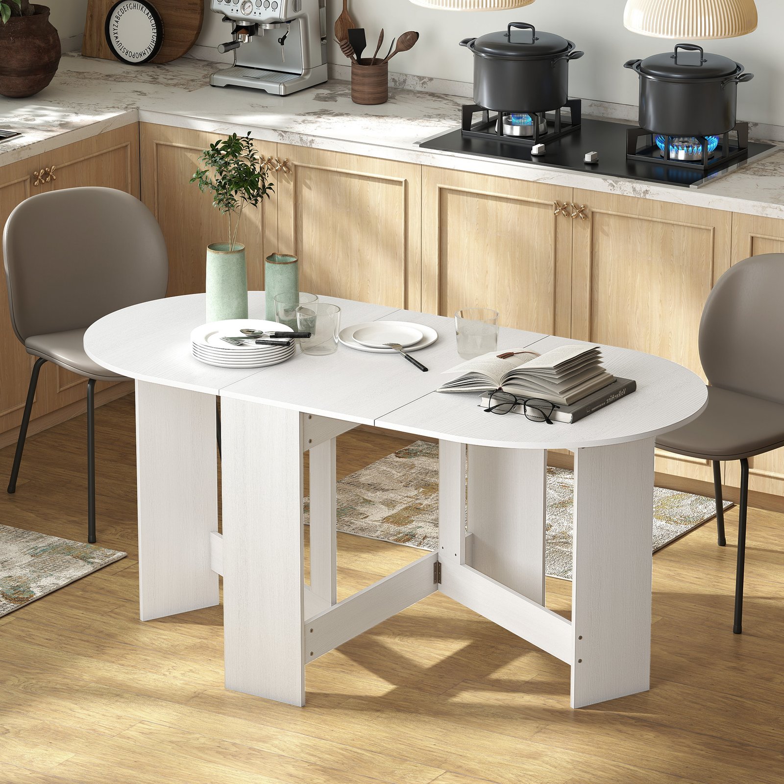 HOMCOM Folding Dining Table, Drop Leaf Table for Small Spaces, Oval Tabletop for Dining Room, Ash Wood-Effect - Image 2