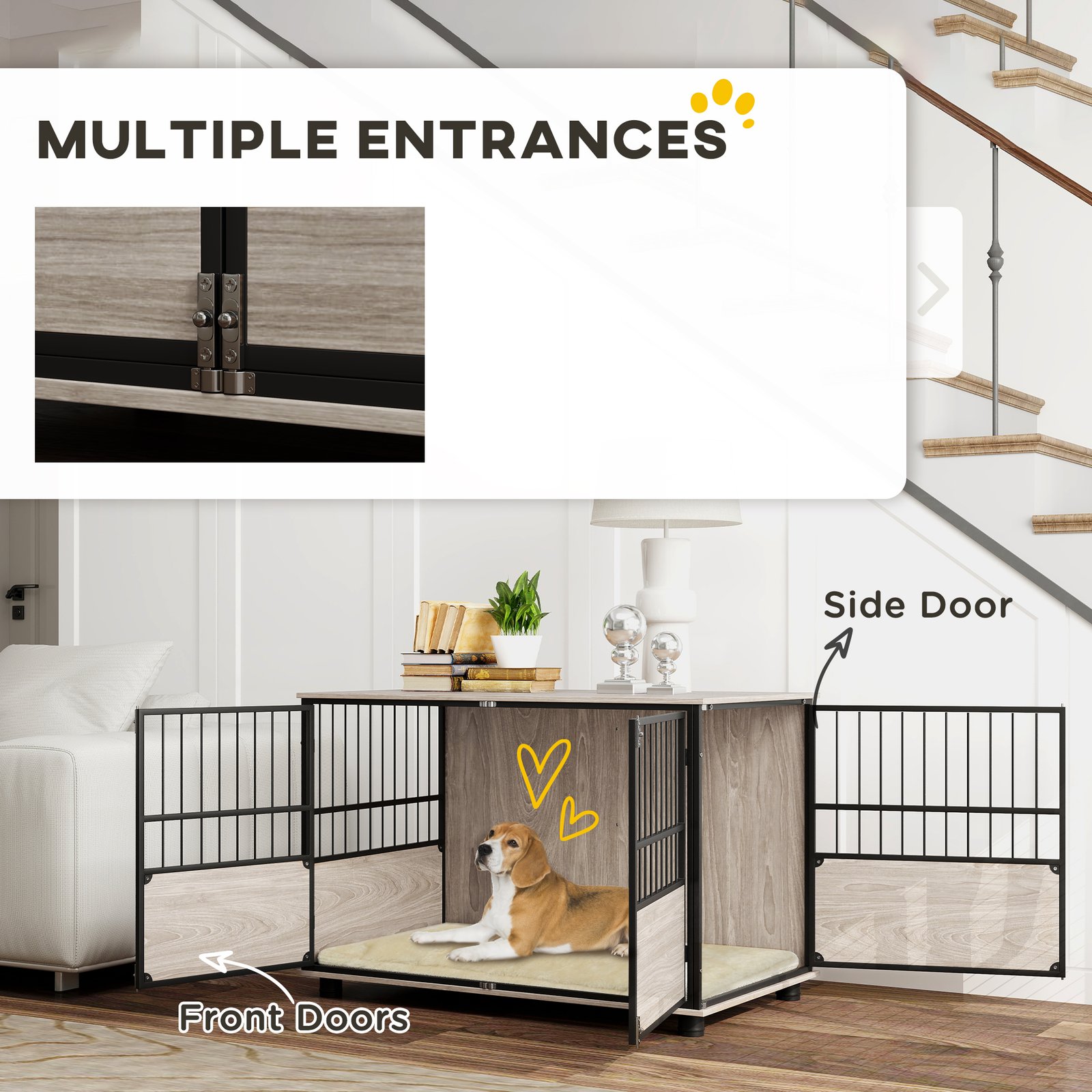 PawHut 100cm Furniture Style Dog Crate Dog Cage End Table Indoor with 3 Doors Soft Washable Cushion, for Large Sized Dogs - Image 8
