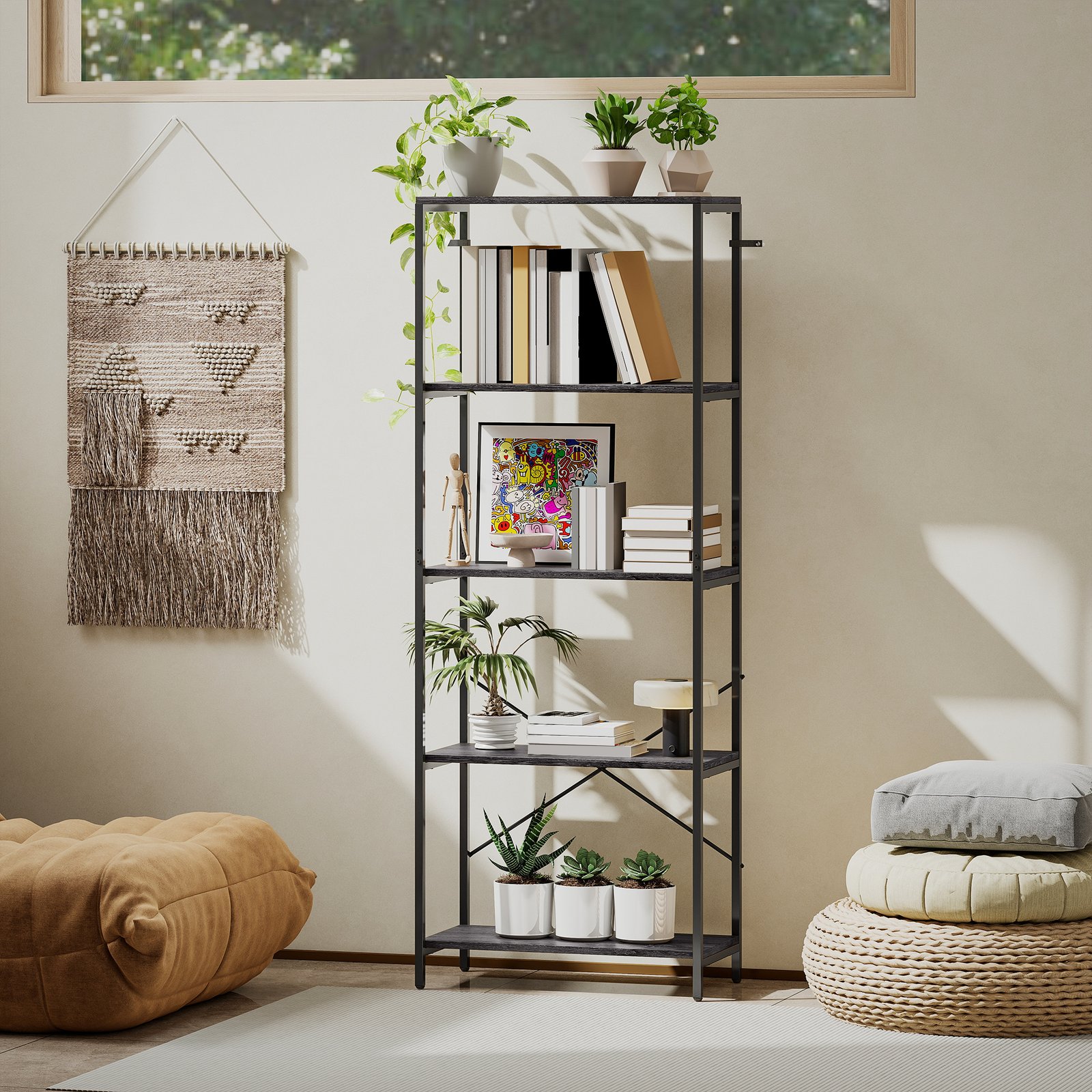 HOMCOM 5-Tier Bookshelf, Industrial Bookcase with Metal Frame - Dark Grey and Black - Image 8