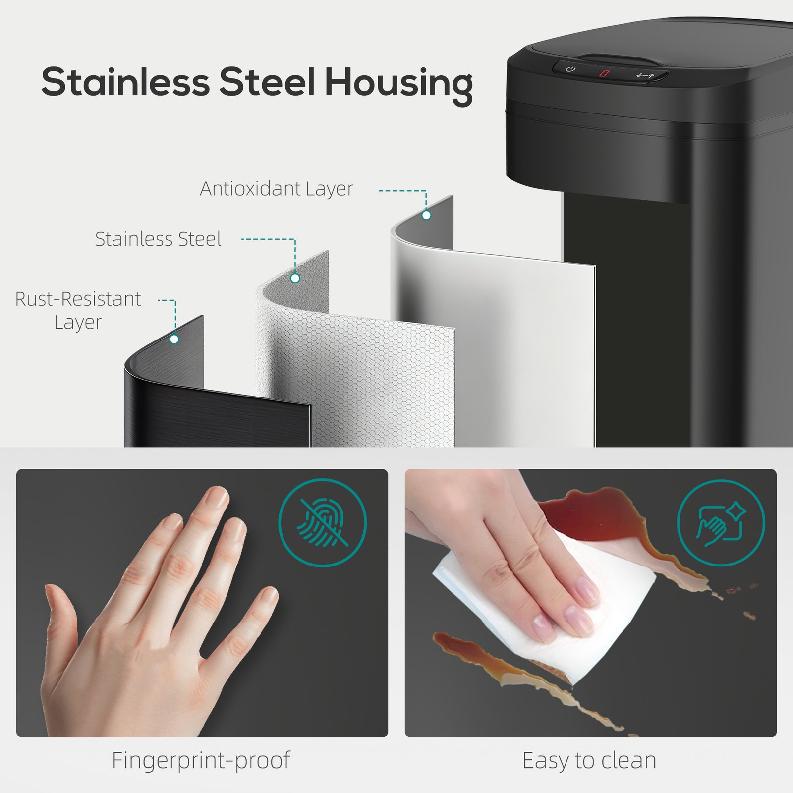 HOMCOM 12L Sensor Bin, Automatic Touchless Motion Sensor Kitchen Bin with Fingerprint Resistant Stainless Steel, Black - Image 7