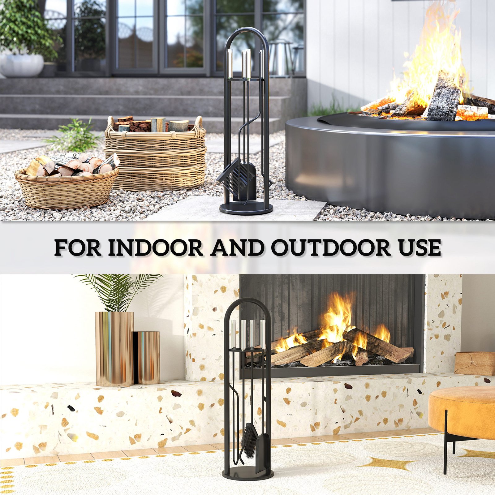 Outsunny 5 Pieces Fireplace Tools Set, Metal Fireplace Accessories Fireside Companion Set with Broom, Shovel, Poker and Bucket, Silver - Image 6