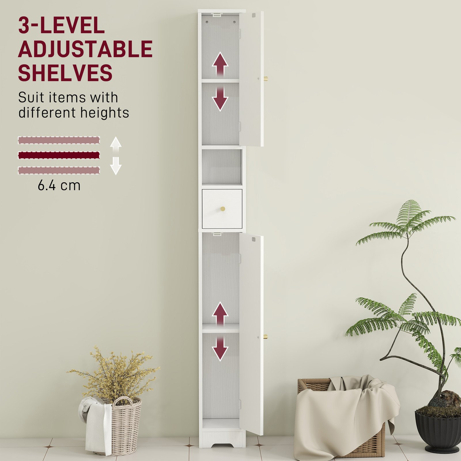 HOMCOM 185 cm Tall Bathroom Cabinet with Arched Doors - White - Image 5