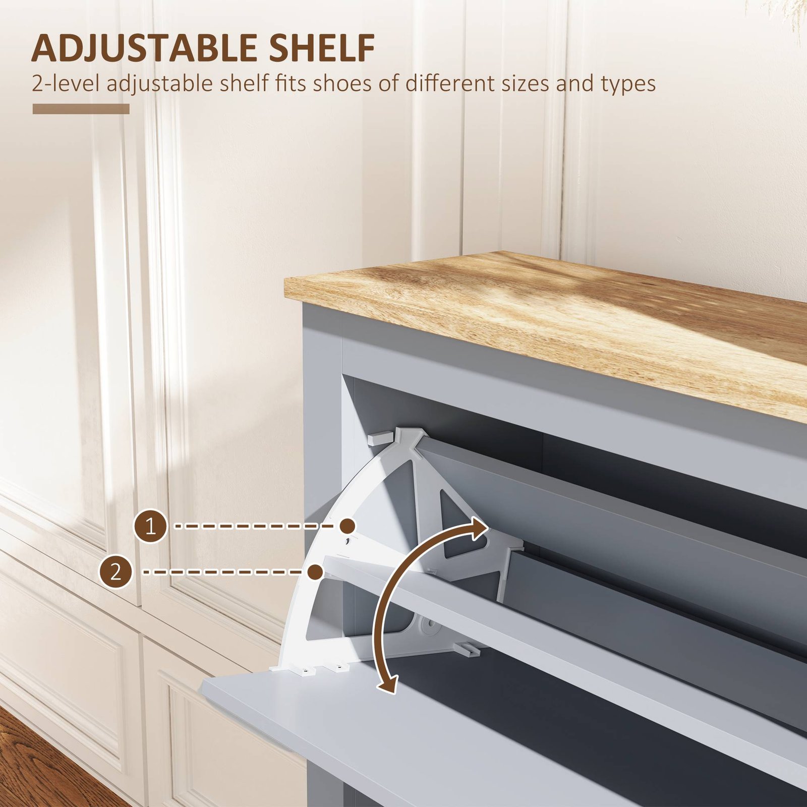HOMCOM 2 Drawer Shoe Cabinet Modern Narrow Shoe Cupboard Hallway Wooden Storage Organiser with Flip Doors Adjustable Shelf for 6-12 Pairs, Grey - Image 5
