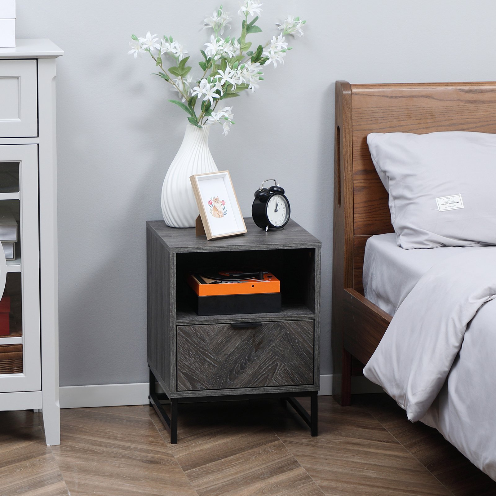 HOMCOM Bedside Table with Drawer and Shelf, Side End Table with Steel Legs for Living Room, Bedroom, Dark Grey - Image 2