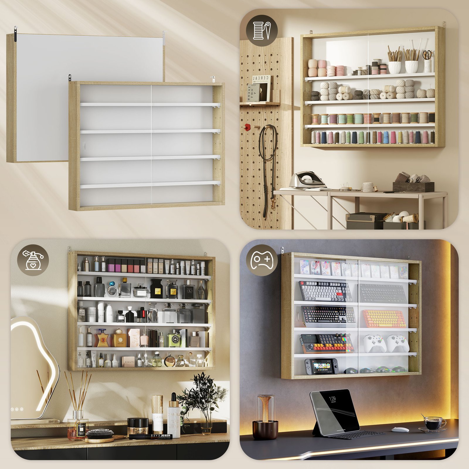 HOMCOM 5-Tier Wall Display Shelf Unit Cabinet w/ 4 Adjustable Shelves Glass Doors Home Office Ornaments 60x80cm Natural - Image 7