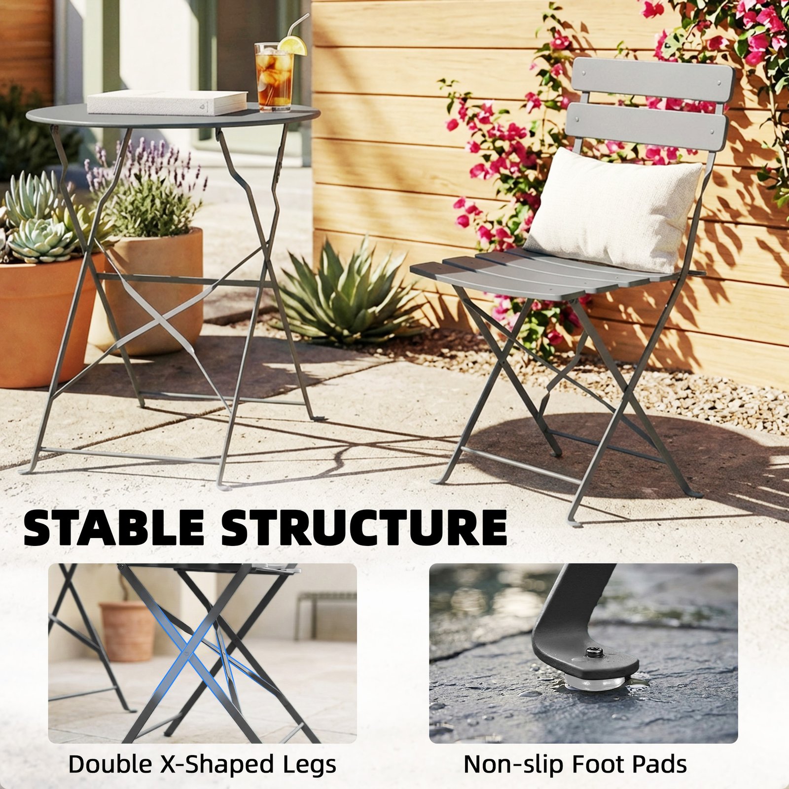 Outsunny Folding Garden Bistro Set, Outdoor Round Bistro Table and Chairs Set 2 with Electrophoresis Metal Frame, Grey - Image 8