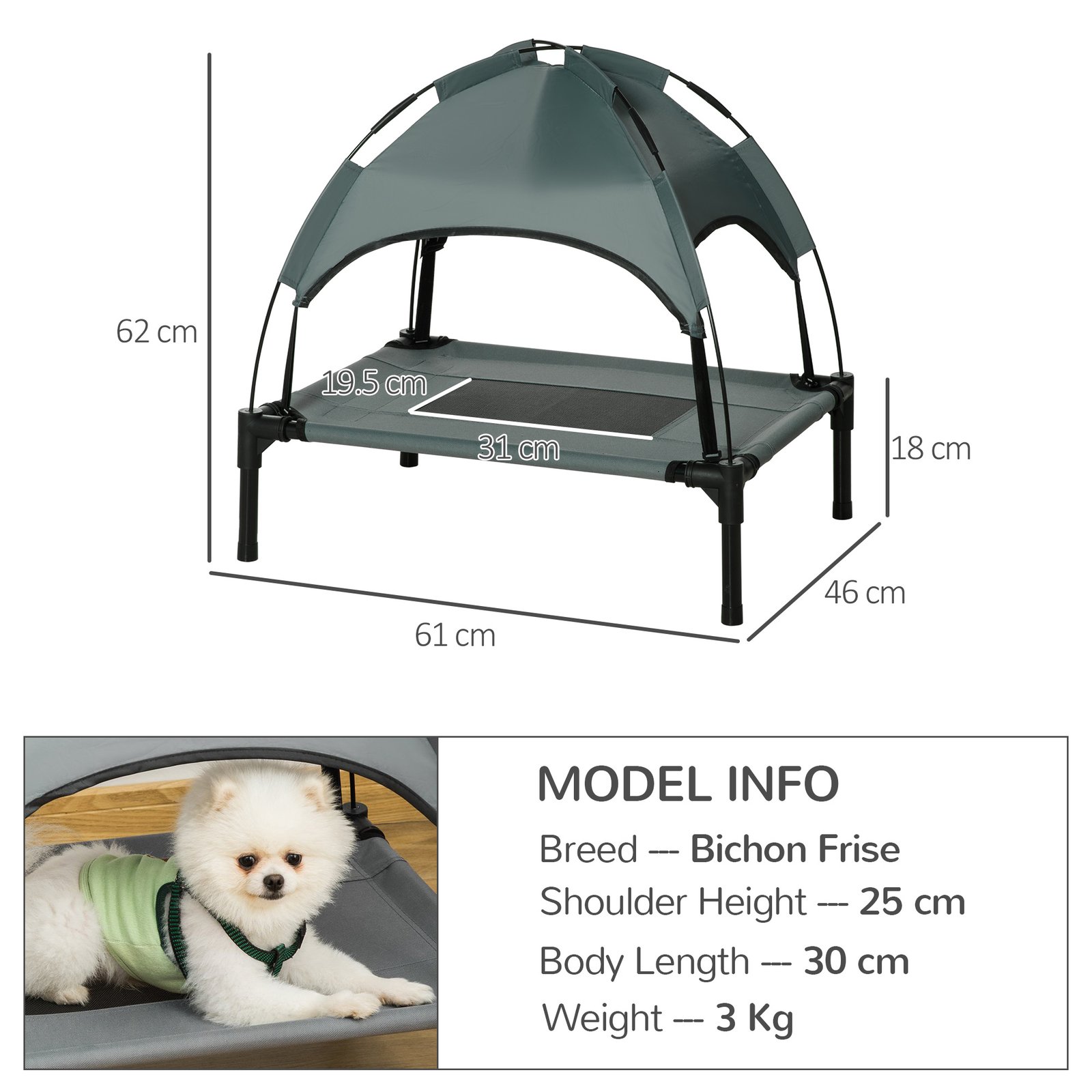 PawHut Outdoor Dog Bed with Removable Canopy, Portable Raised Dog Bed for Camping, Garden & Beach, Water-Resistant UV-Protection Mesh Pet Cot Sun Lounger, for Small Pets, 61 x 46 x 62 cm, Grey - Image 3