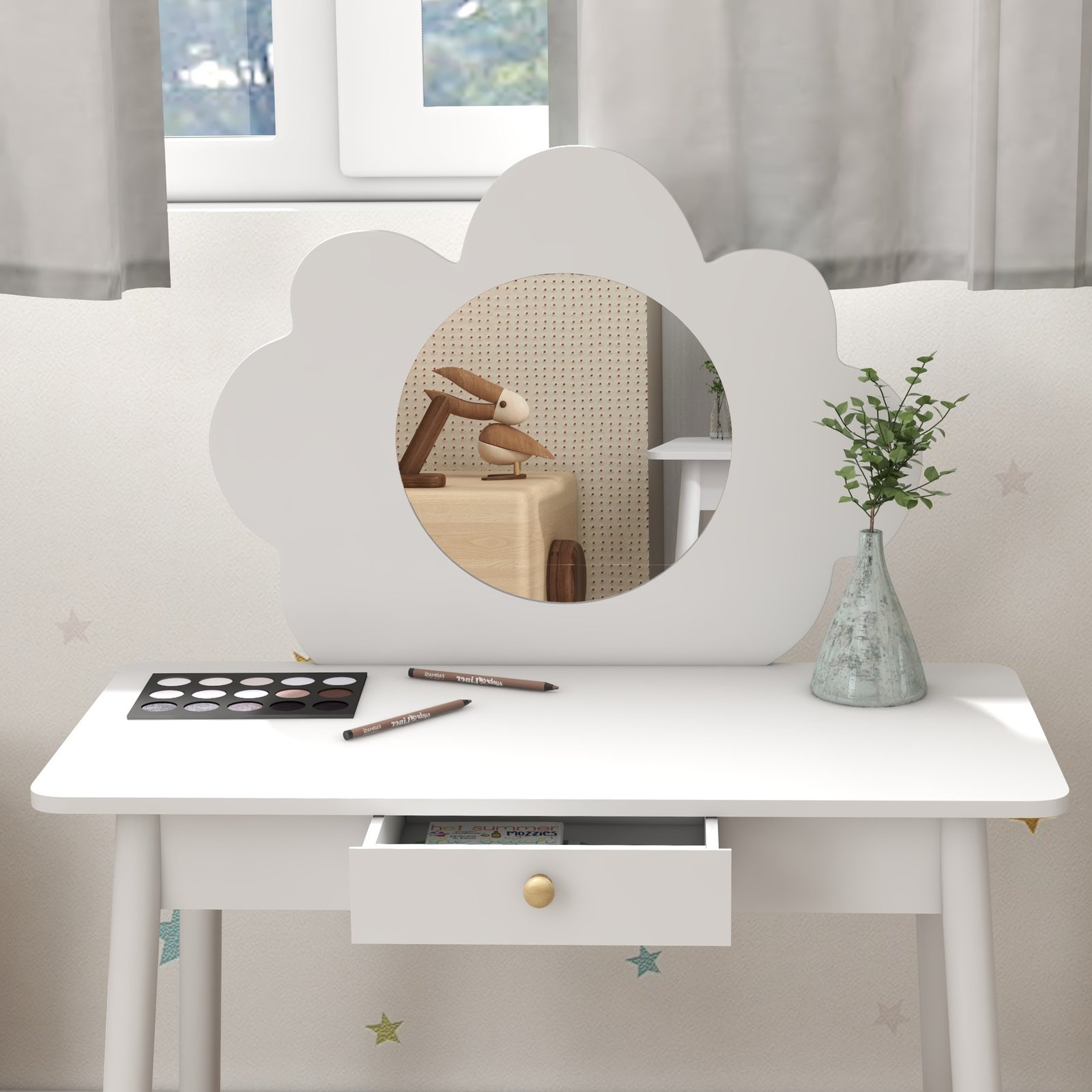 AIYAPLAY Kids Dressing Table with Mirror, Stool, Drawer, Cloud Design, White - Image 8