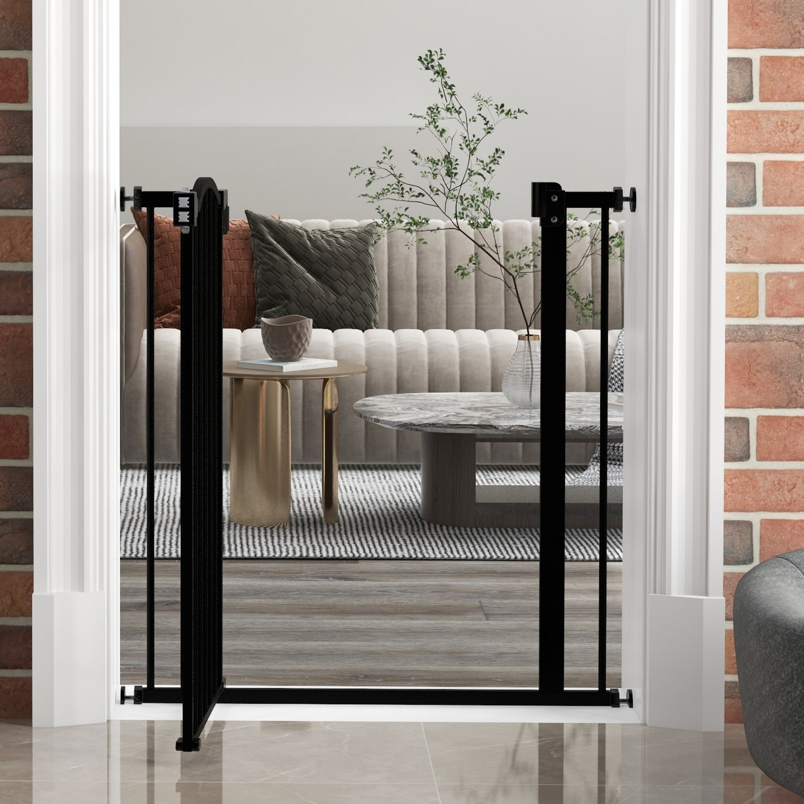 PawHut Metal 74-80cm Adjustable Pet Gate Safety Barrier w/ Auto-Close Door Black - Image 9