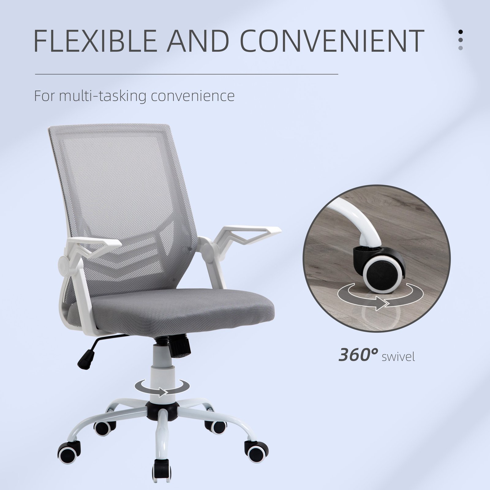 Vinsetto Office Chair with Flip-up Armrest, Mid Back Desk Chair with Mesh Back, Lumbar Support, Adjustable Height, Swivel Wheels for Home, Grey - Image 8