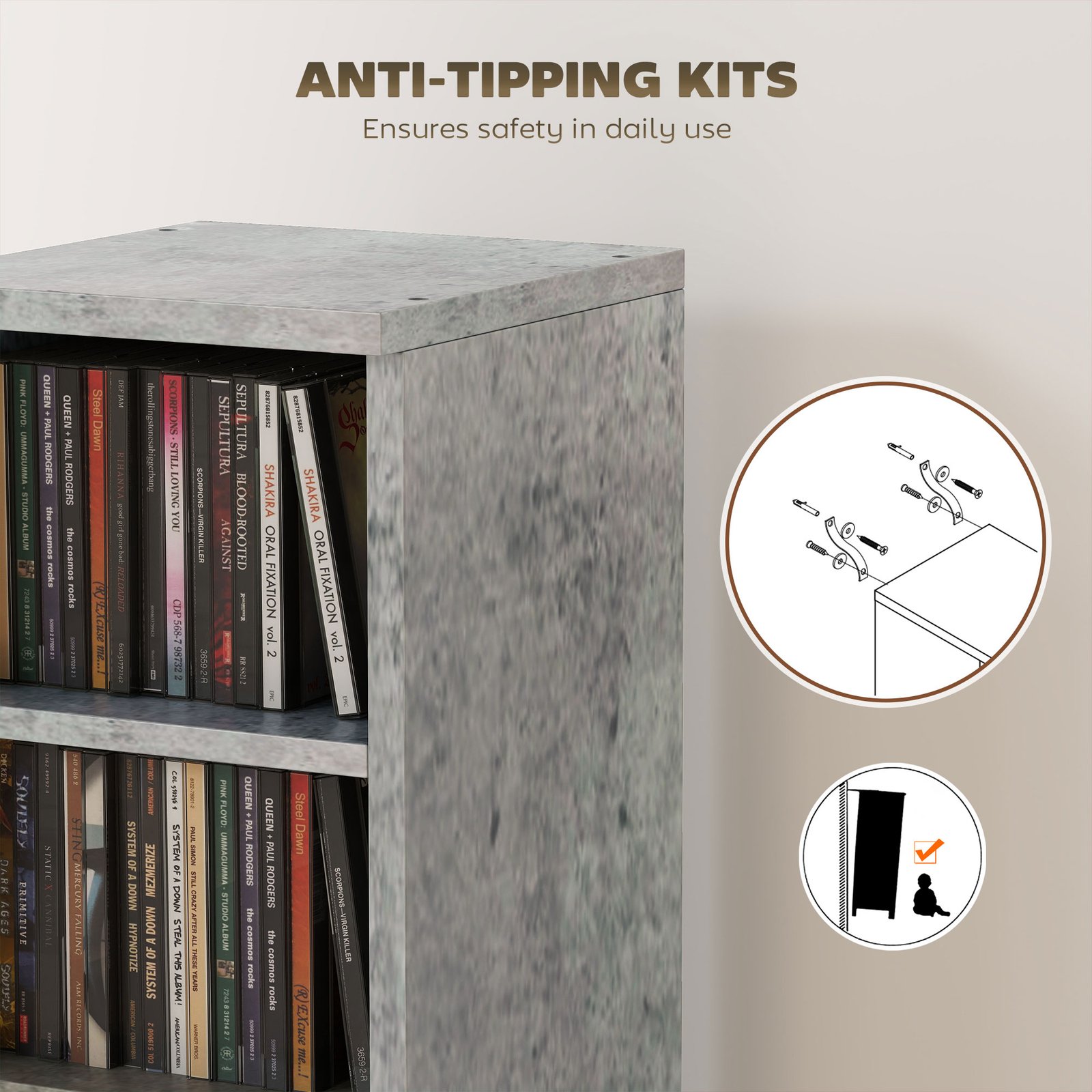 HOMCOM Set of 2 CD Media Display Shelf Unit Tower Rack with Adjustable Shelves, Cement Grey - Image 7