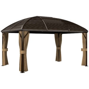 Outsunny 3 x 4m Hardtop Gazebo Canopy with Metal Roof, Aluminium Gazebo Permanent Pavilion with Netting and Curtains, Brown