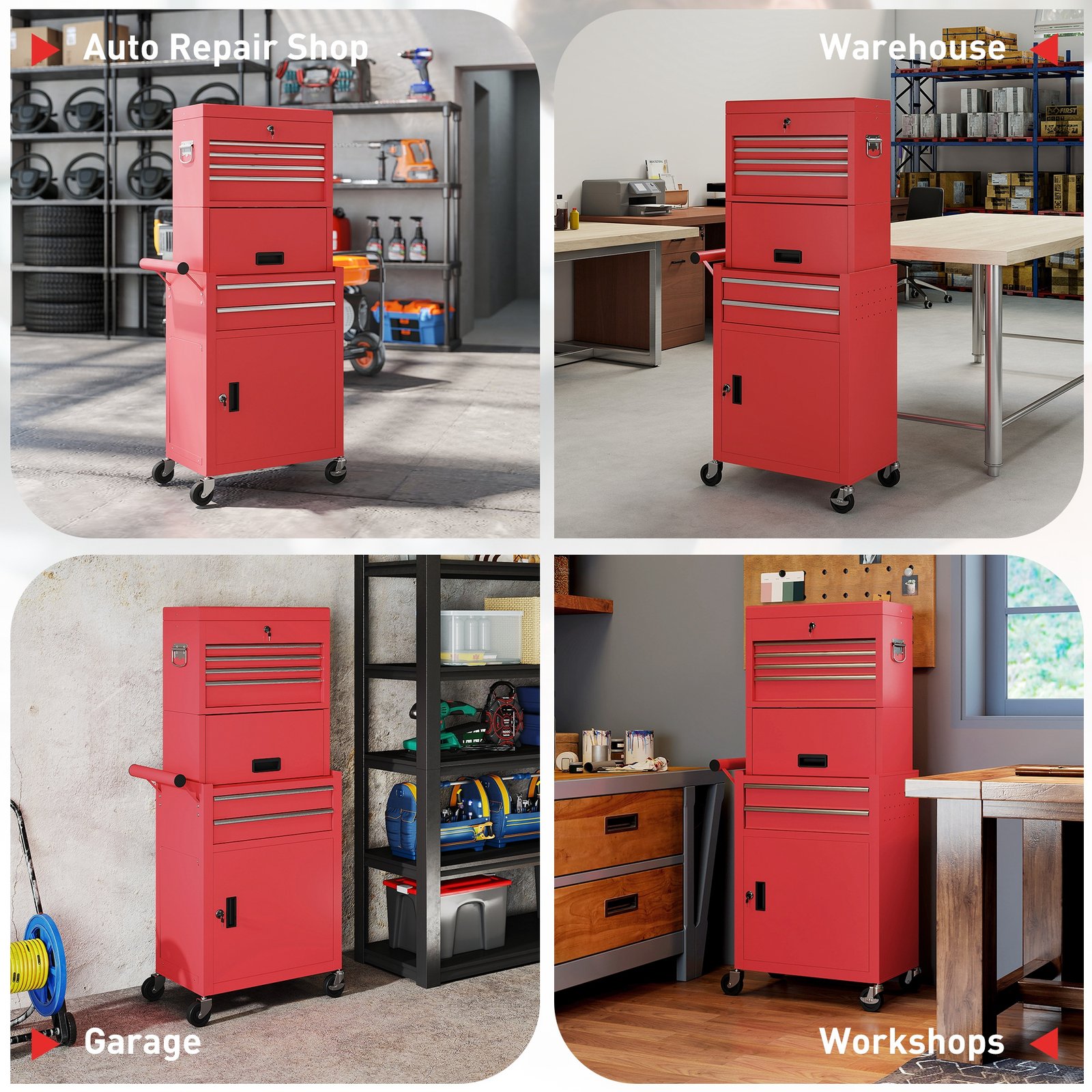 HOMCOM Three-Part Steel Locking Tool Chest - Red - Image 9