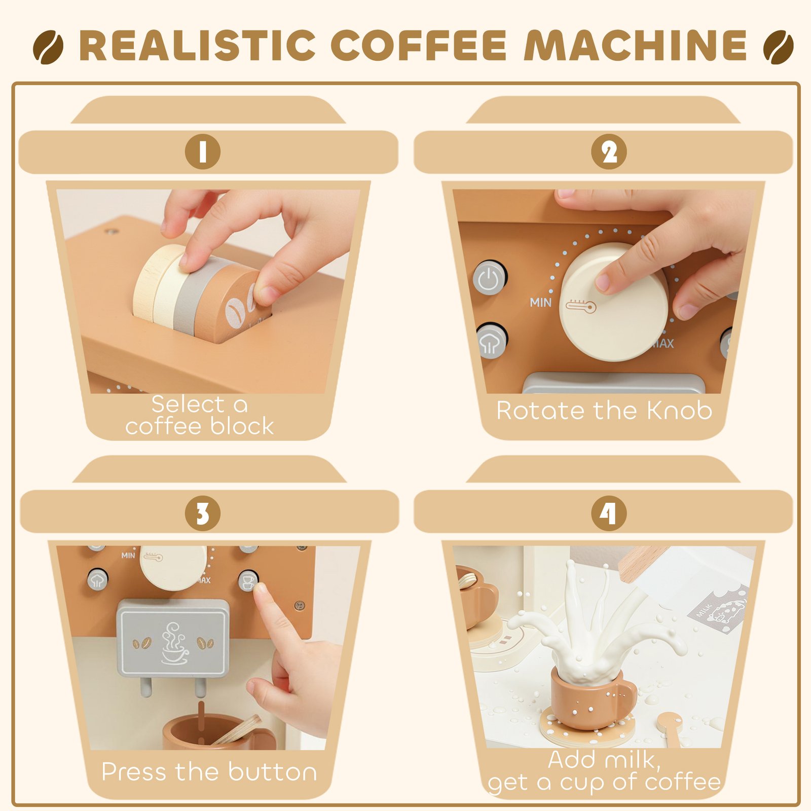 AIYAPLAY Kids Wooden Coffee Machine Toy, Pretend Play Kitchen Accessories Gift for Boys and Girls Ages 3+ - Image 4