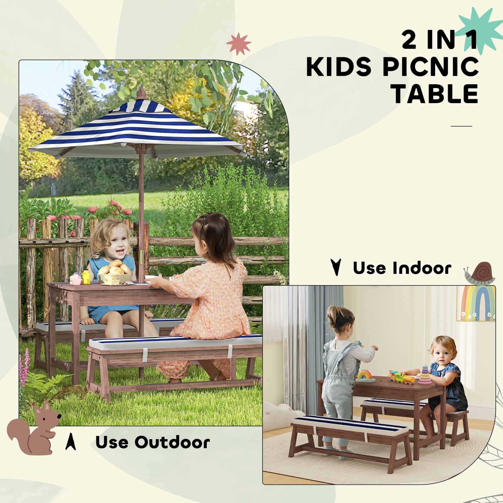 AIYAPLAY Outdoor Wooden Kids Picnic Table & Bench Set with Cushions and Umbrella, for Patio, Garden, Navy Blue - Image 6