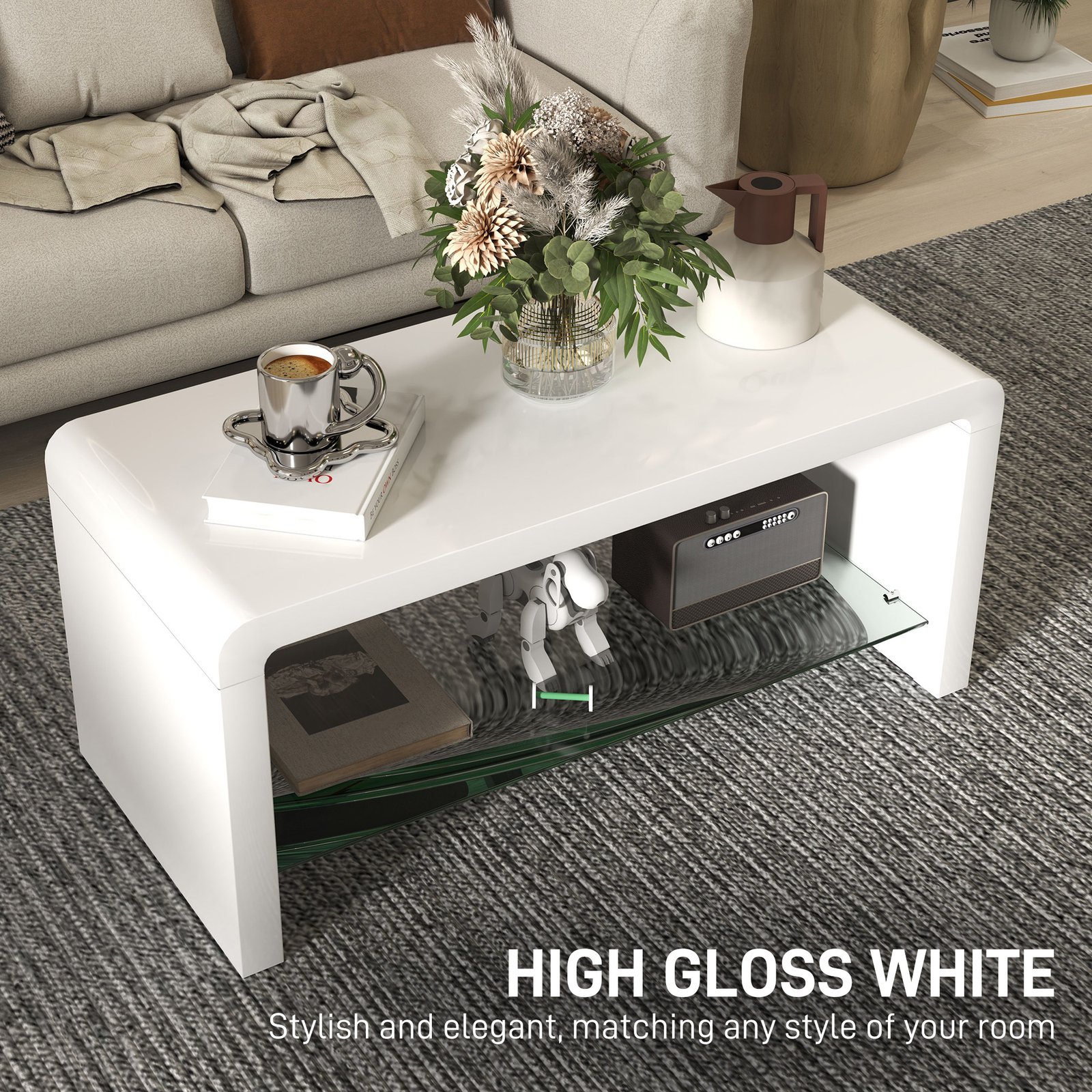 HOMCOM Curved Two-Tier Coffee Table - High Gloss White - Image 4