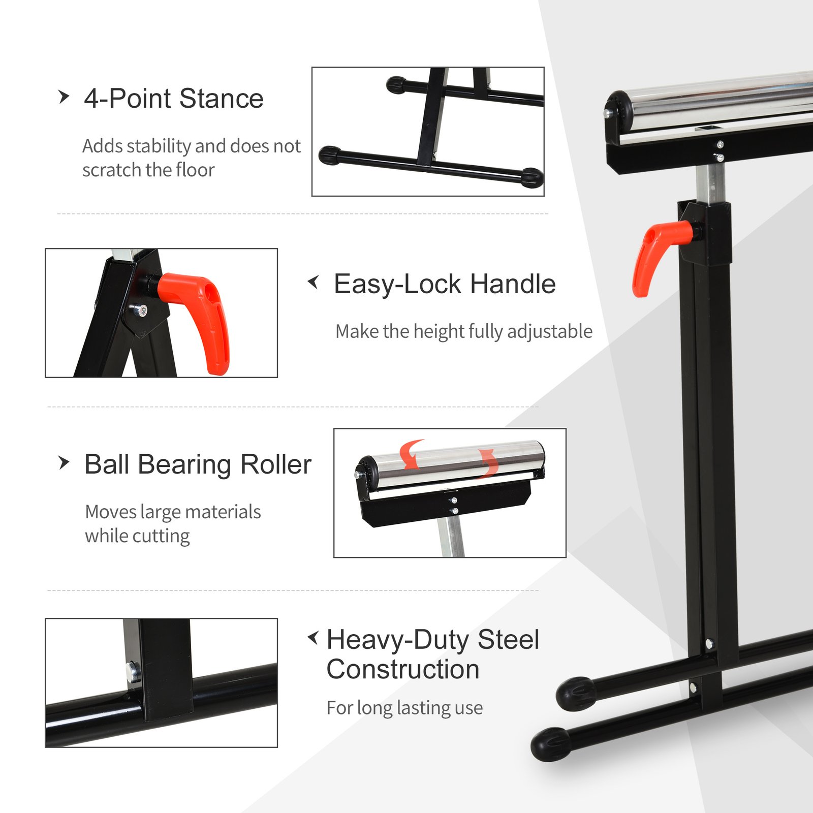HOMCOM Set of 2 Folding Roller Stand, Material Support Pedestal with Ball Bearing Roller Height Adjustable Portable, Metal Construction, Black - Image 4