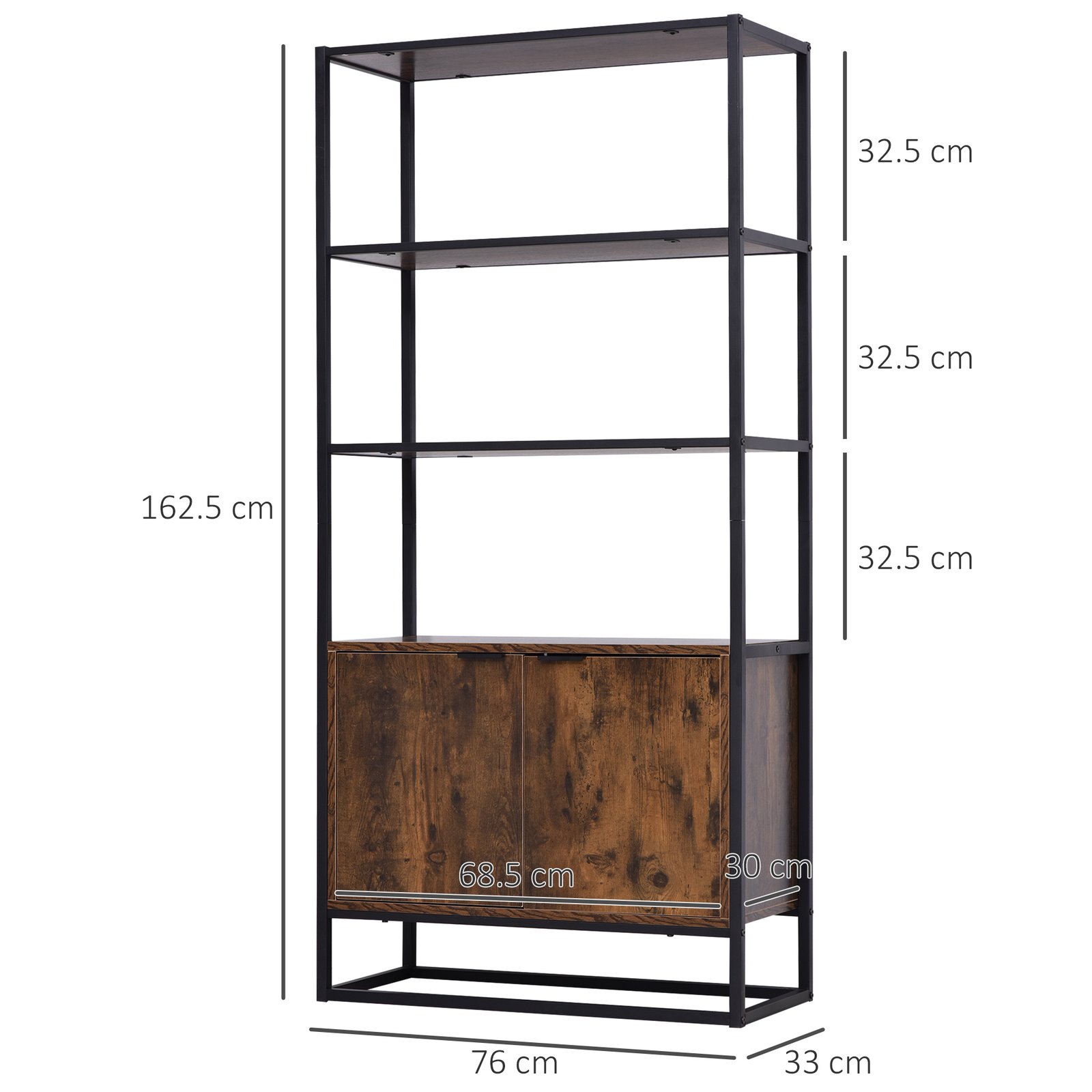 HOMCOM Industrial Bookshelf, Storage Shelf, Large Bookcase with 3 Open Shelves, Multifunctional Rack for Living Room, Office, Rustic Brown and Black - Image 3