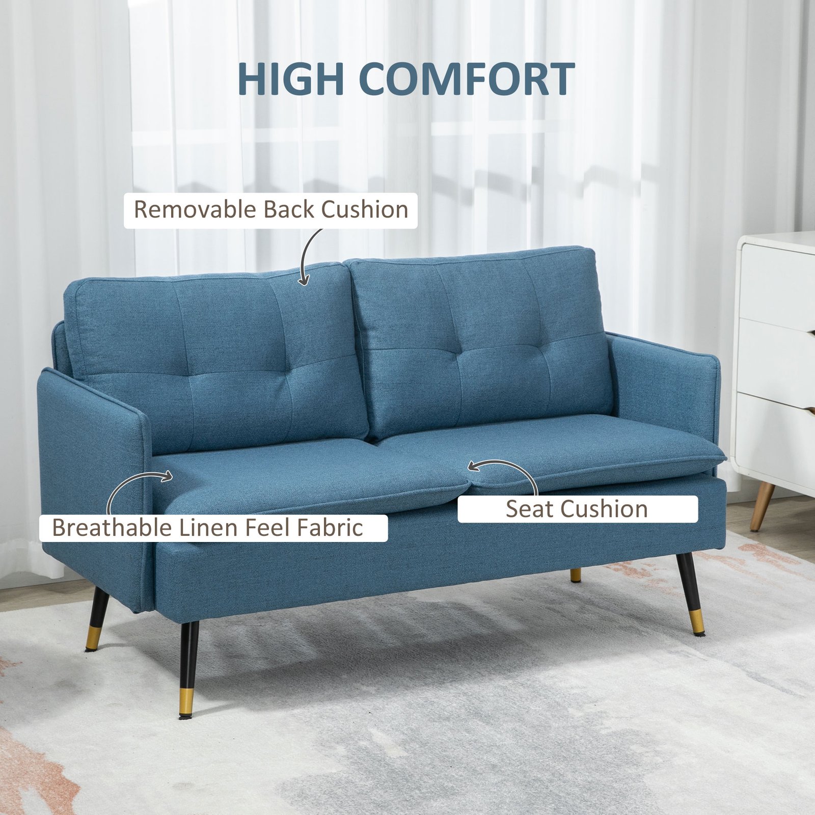 HOMCOM Modern Two Seater Sofa, Button Tufted Loveseat with Cushions and Steel Legs for Living Room, Guest Room, Dark Blue - Image 4