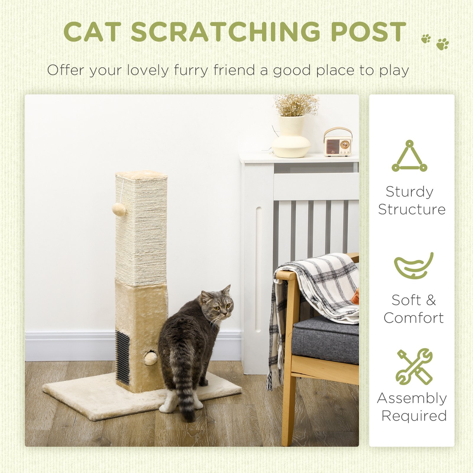 PawHut Jute Cat Scratching Post w/ Carpet Base Hanging Toy - Beige - Image 4