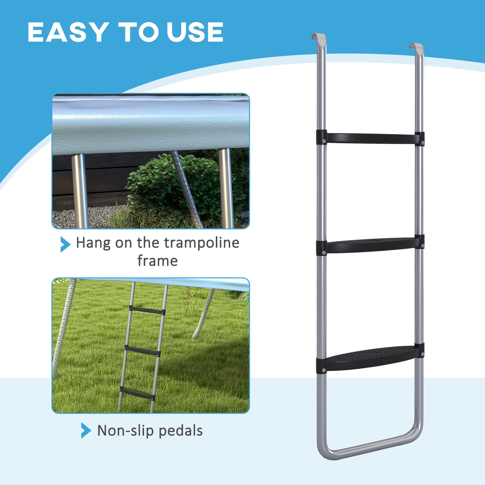 SPORTNOW Galvanised Steel Trampoline Ladder, 2 Steps/3 Steps Outdoor Trampoline Accessories for 6ft, 8ft, 10ft, 12ft, 13ft, 14ft, 16ft Trampoline, 110L x 32Wcm, Silver Tone - Image 6