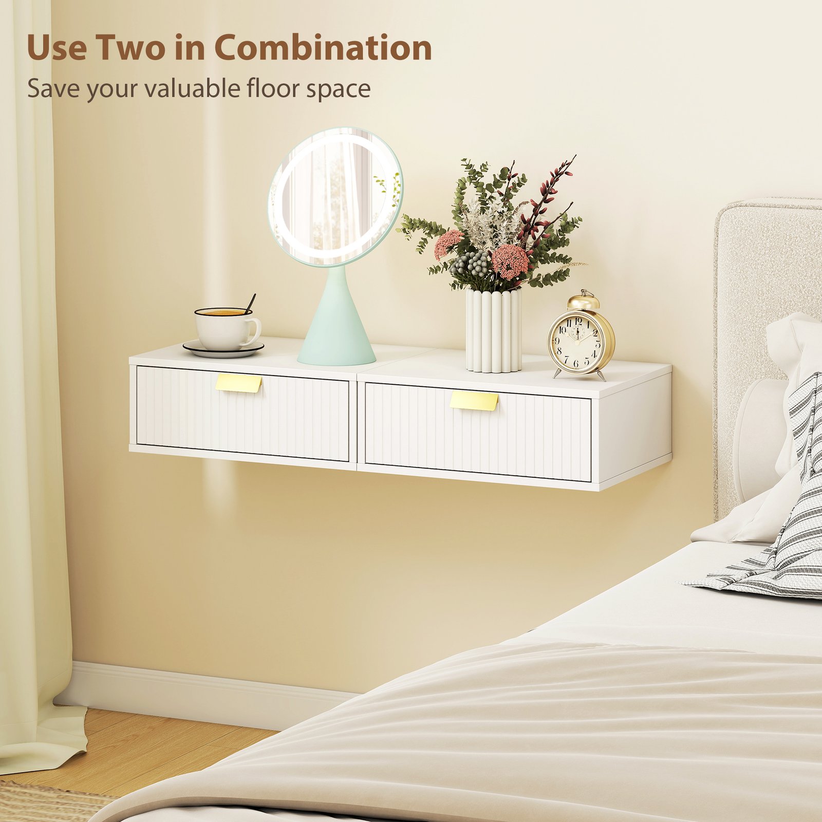 HOMCOM Modern Floating Nightstands Set of 2, Wall Mounted Bedside Tables with Wave Drawer White - Image 6