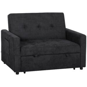 HOMCOM Loveseat Sofa Bed, Convertible Bed Settee with 2 Pillows, Side Pockets, Black