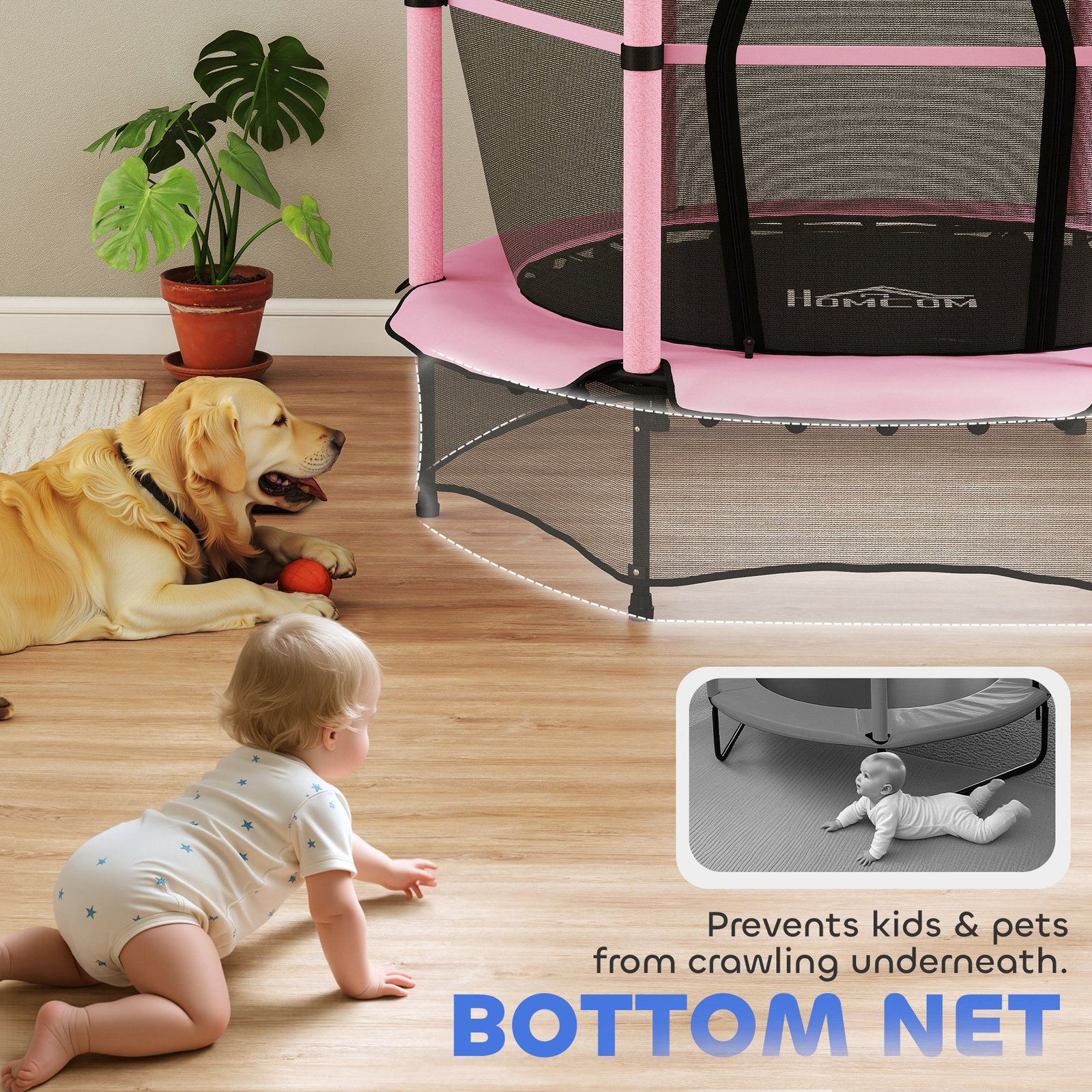 HOMCOM 4.6FT/55" Kids Trampoline with Enclosure Net, Outdoor Indoor Use, for Ages 3-10 Years, Pink - Image 8