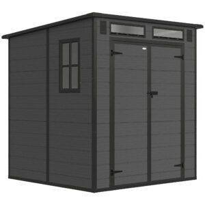 Outsunny 6 x 6 ft Plastic Garden Shed, Wood-Effect Outdoor Storage Shed with Floor, Windows, Lockable Doors and Vents, Dark Grey Outsunny 6 x 6 ft Plastic Garden Shed, Wood-Effect Outdoor Storage Shed with Floor, Windows, Lockable Doors and Vents, Dark Grey