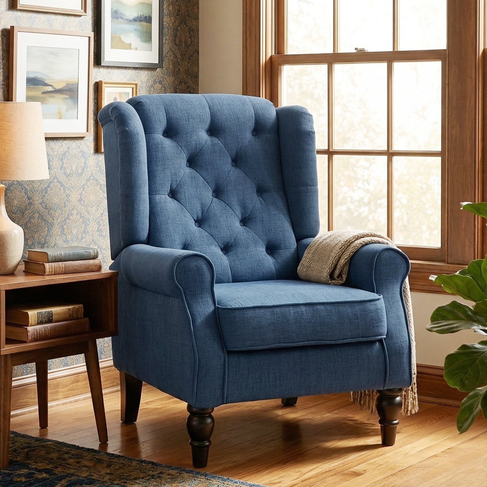 HOMCOM Wingback Accent Chair, Retro Upholstered Button Tufted Occasional Chair for Living Room and Bedroom, Blue - Image 8