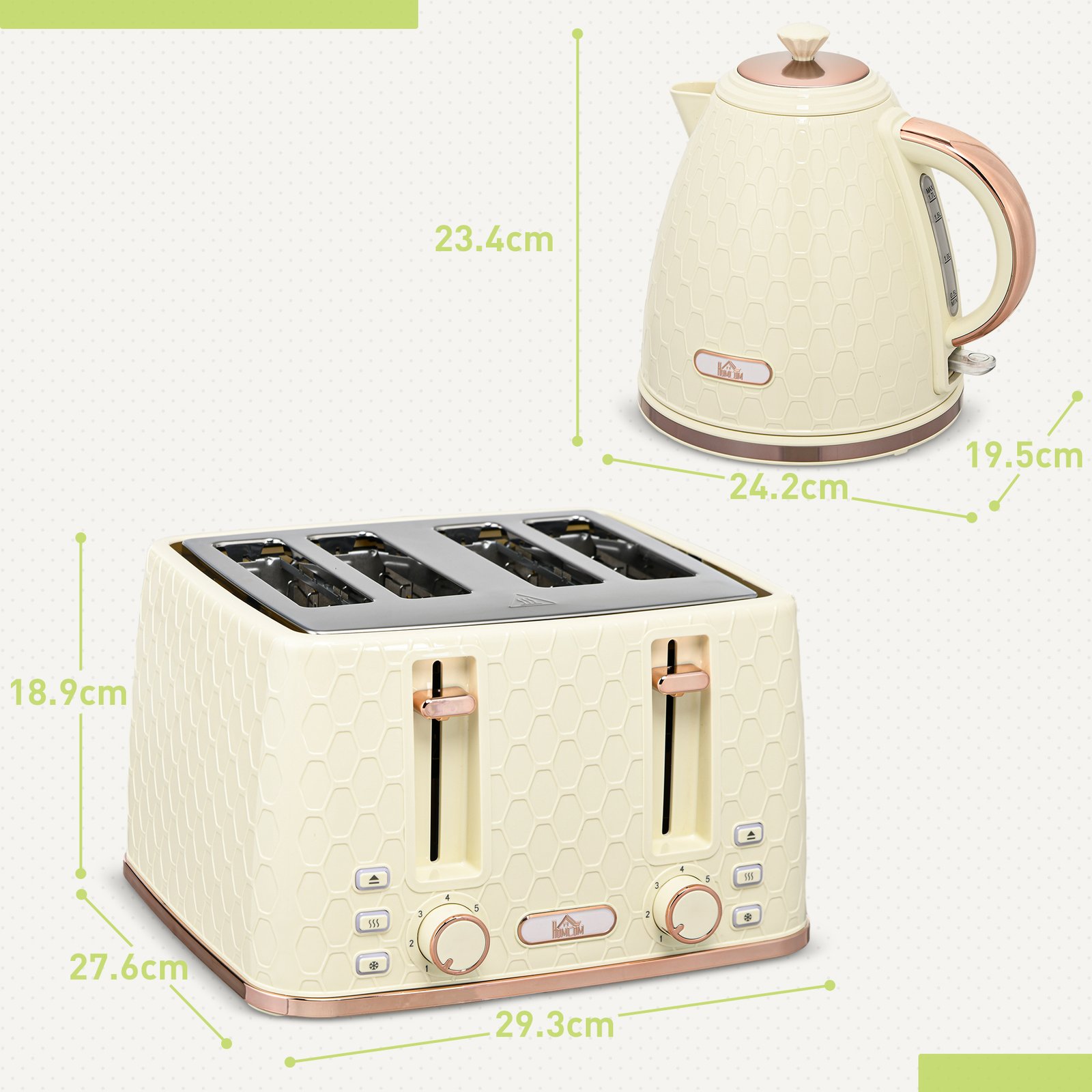 HOMCOM Kettle and Toaster Set, 1.7L 3000W Fast Boil Jug Kettle, 4 Slice Toaster with 7 Level Browning Controls, Beige - Image 3