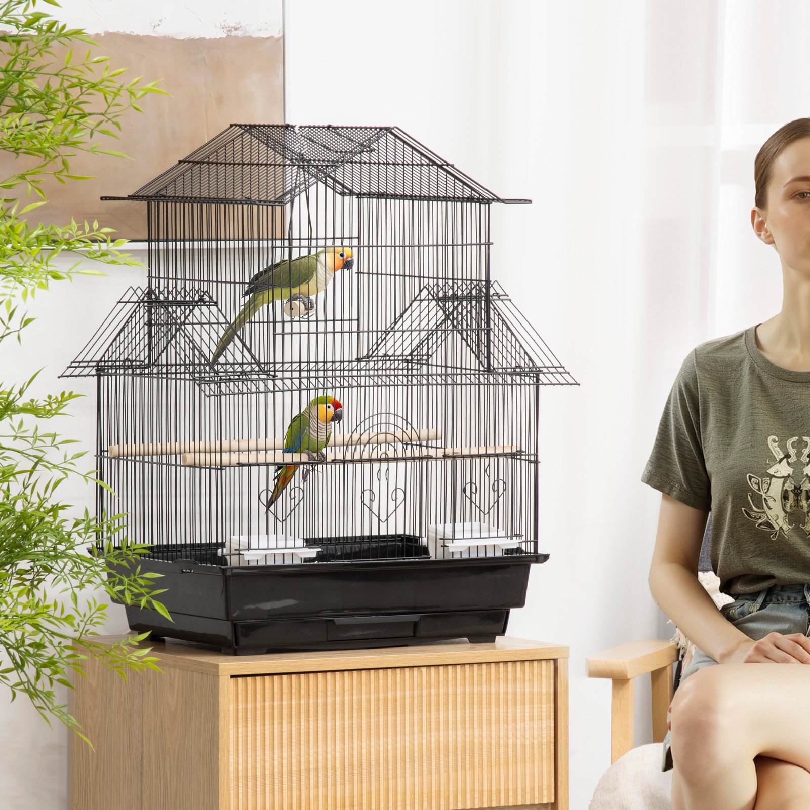 PawHut Metal Bird Cage with Plastic Swing Perch Food Container Tray Handle for Finch Canary Budgie 43.5 x 33 x 63 cm, Black - Image 2