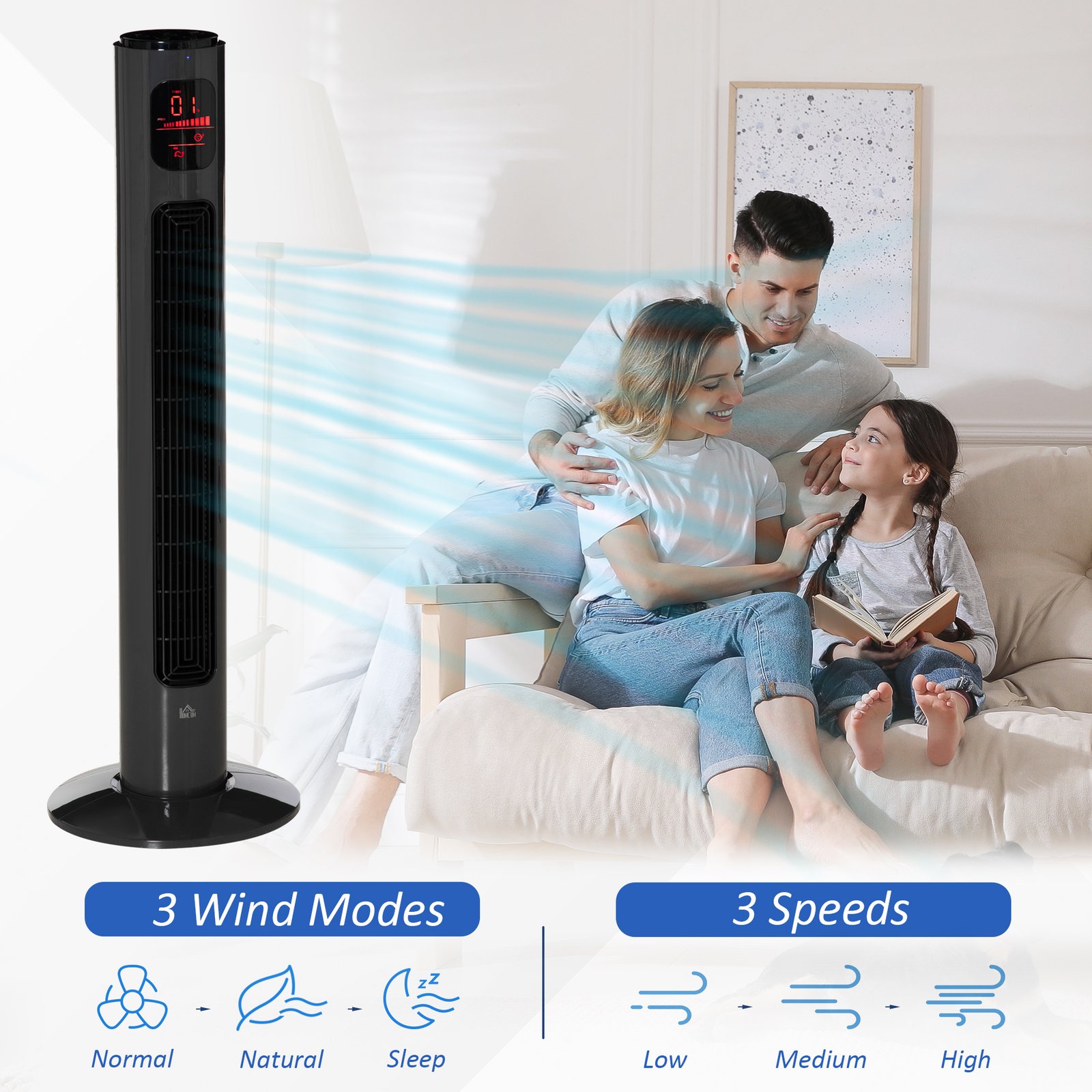HOMCOM 38'' Freestanding Tower Fan, 3 Speed 3 Mode, 12h Timer, 70 Degree Oscillation, LED Panel, 5M Remote Controller, Dark Grey - Image 5