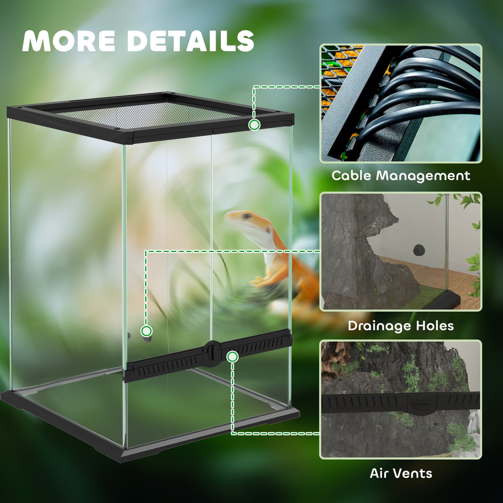 PawHut 40L Vivarium for Lizards, Frogs, Snakes, Turtles, Tortoises w/ Anti-Escape Design, Ventilation - Image 8
