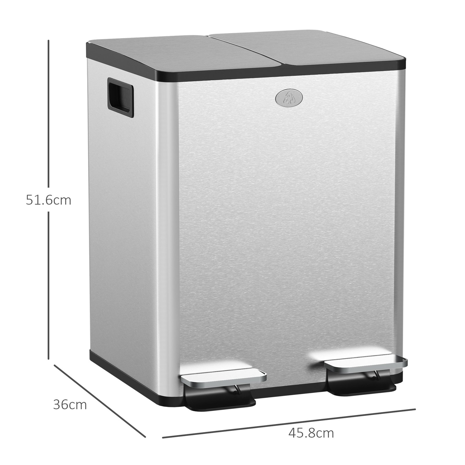 HOMCOM 40L Dual Compartment Stainless Steel Bin, with Deodoriser Holders - Silver Tone - Image 3