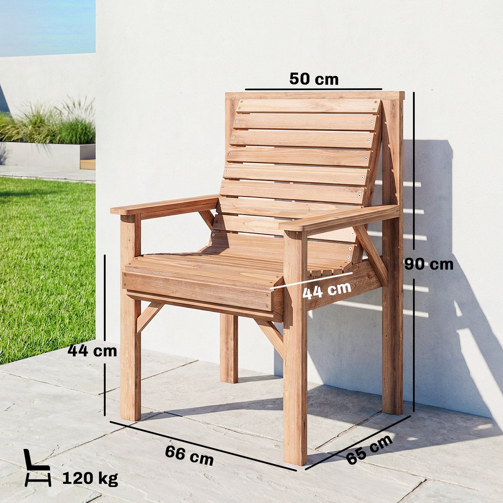 Outsunny Wooden Garden Dining Chair, Outdoor Chair Garden Armchair with Curved Seat and Wide Armrests, Natural Wood Finish - Image 3