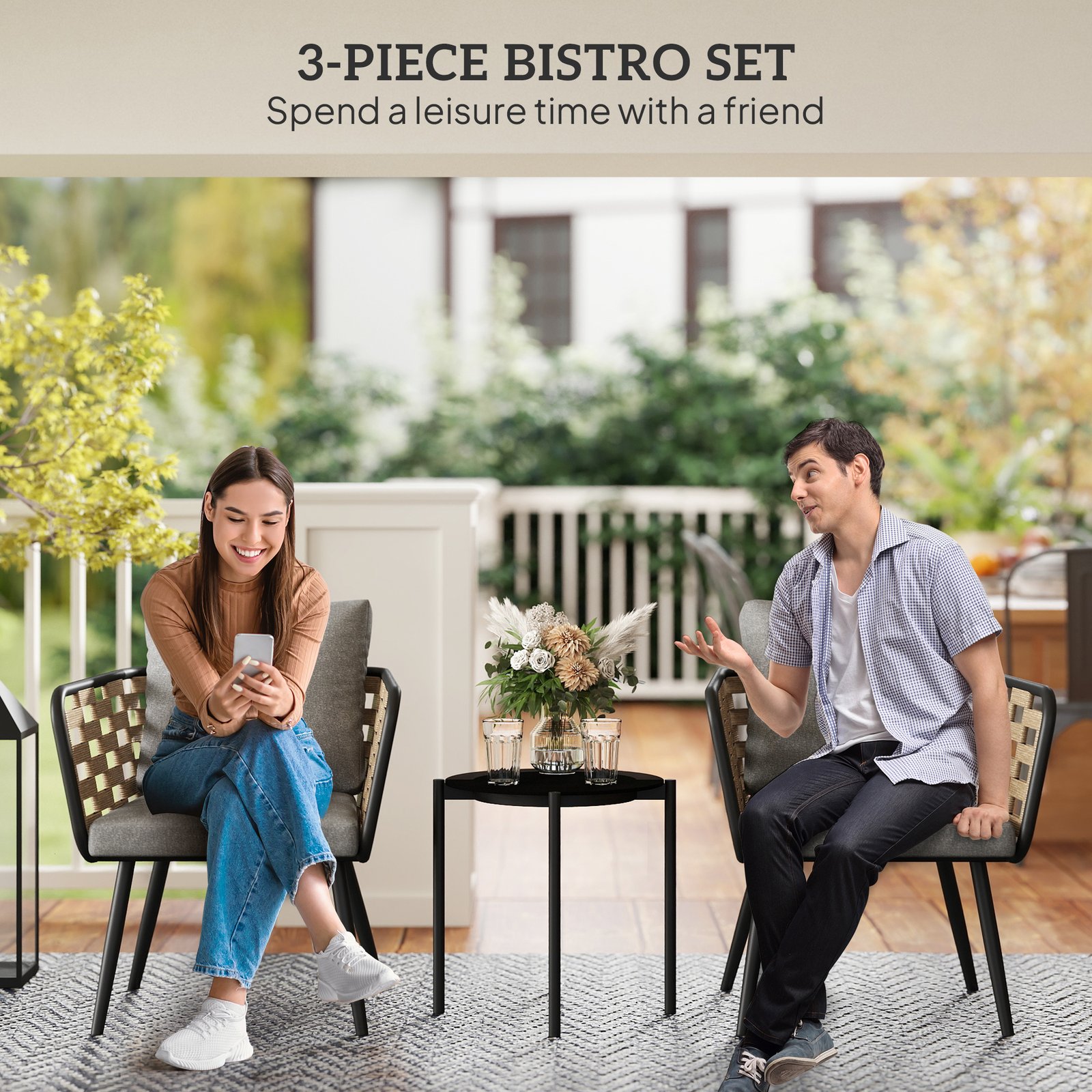 Outsunny 3 Pieces Rattan Bistro Set with Washable Seat and Back Cushions, Glass Top Coffee Table, for Outdoor, Patio, Black - Image 4