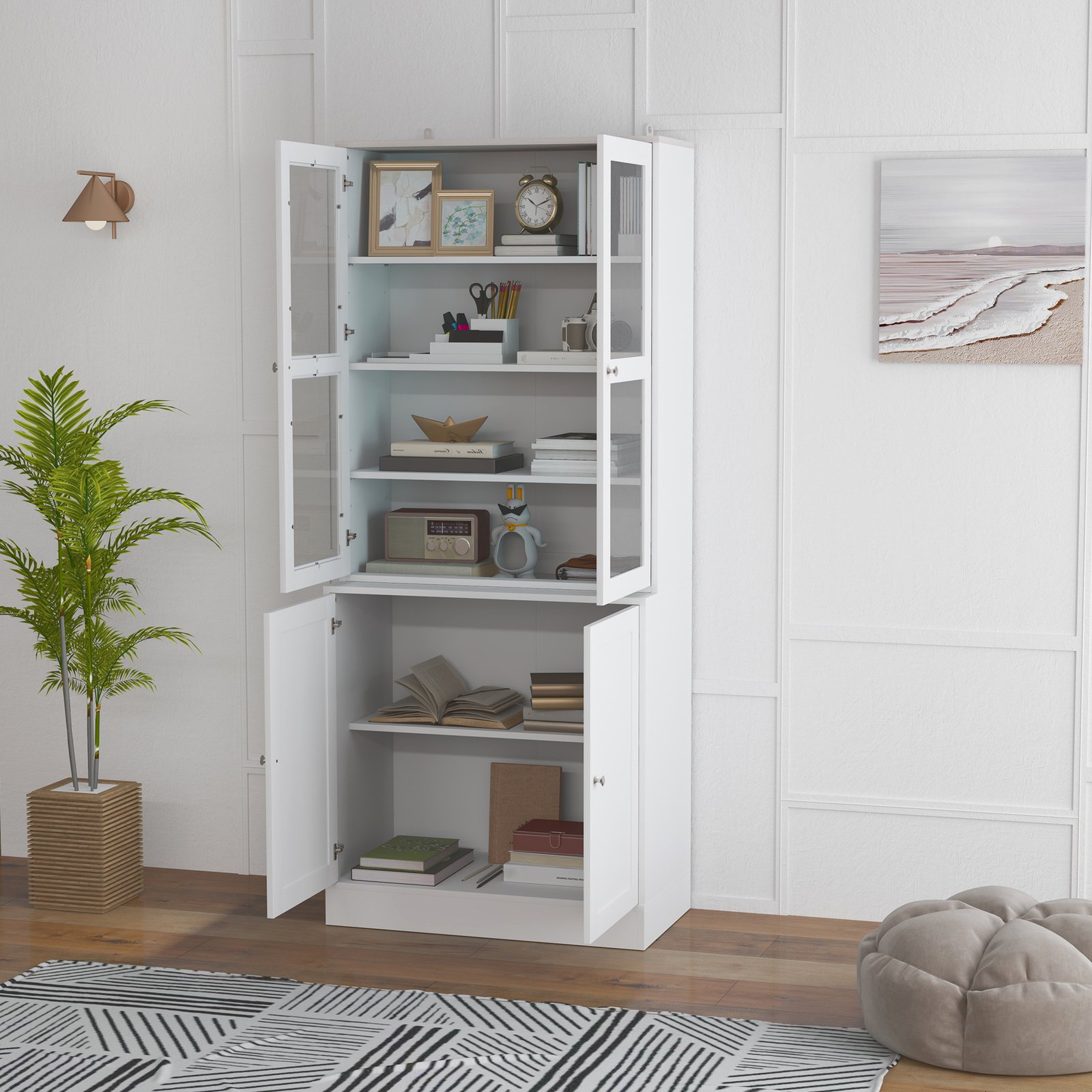 HOMCOM Double Storage Display Cabinet with Adjustable Shelves, MDF - White - Image 7