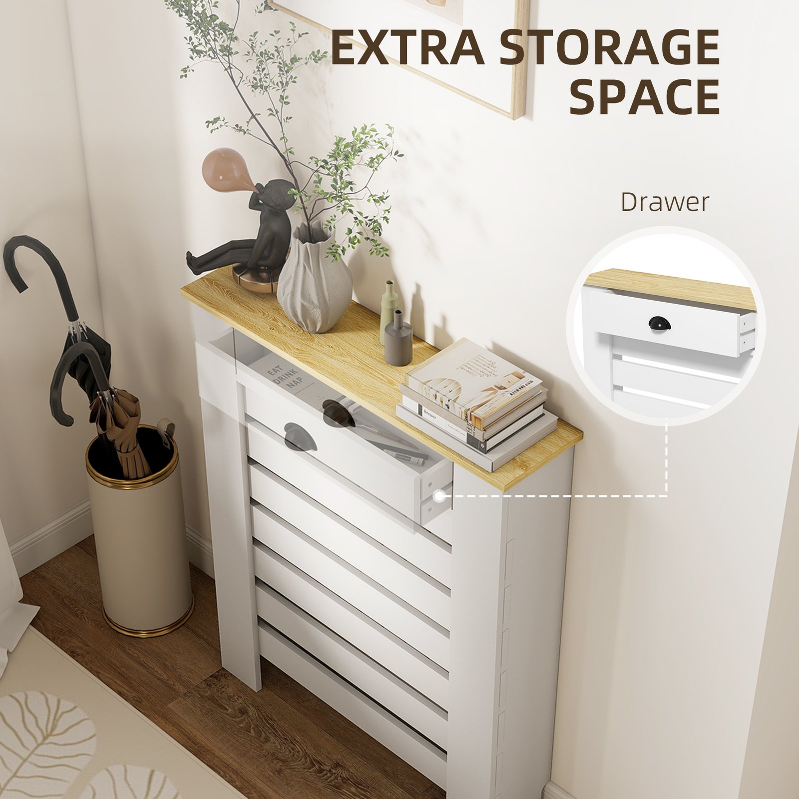 HOMCOM 95.5H x 78Wcm Radiator Cover, with Drawer - White - Image 6