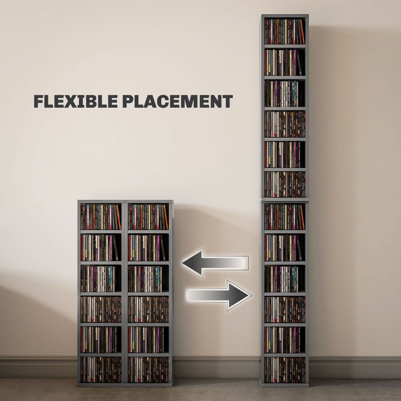 HOMCOM Set of 2 CD Media Display Shelf Unit Tower Rack with Adjustable Shelves, High Gloss Grey - Image 5
